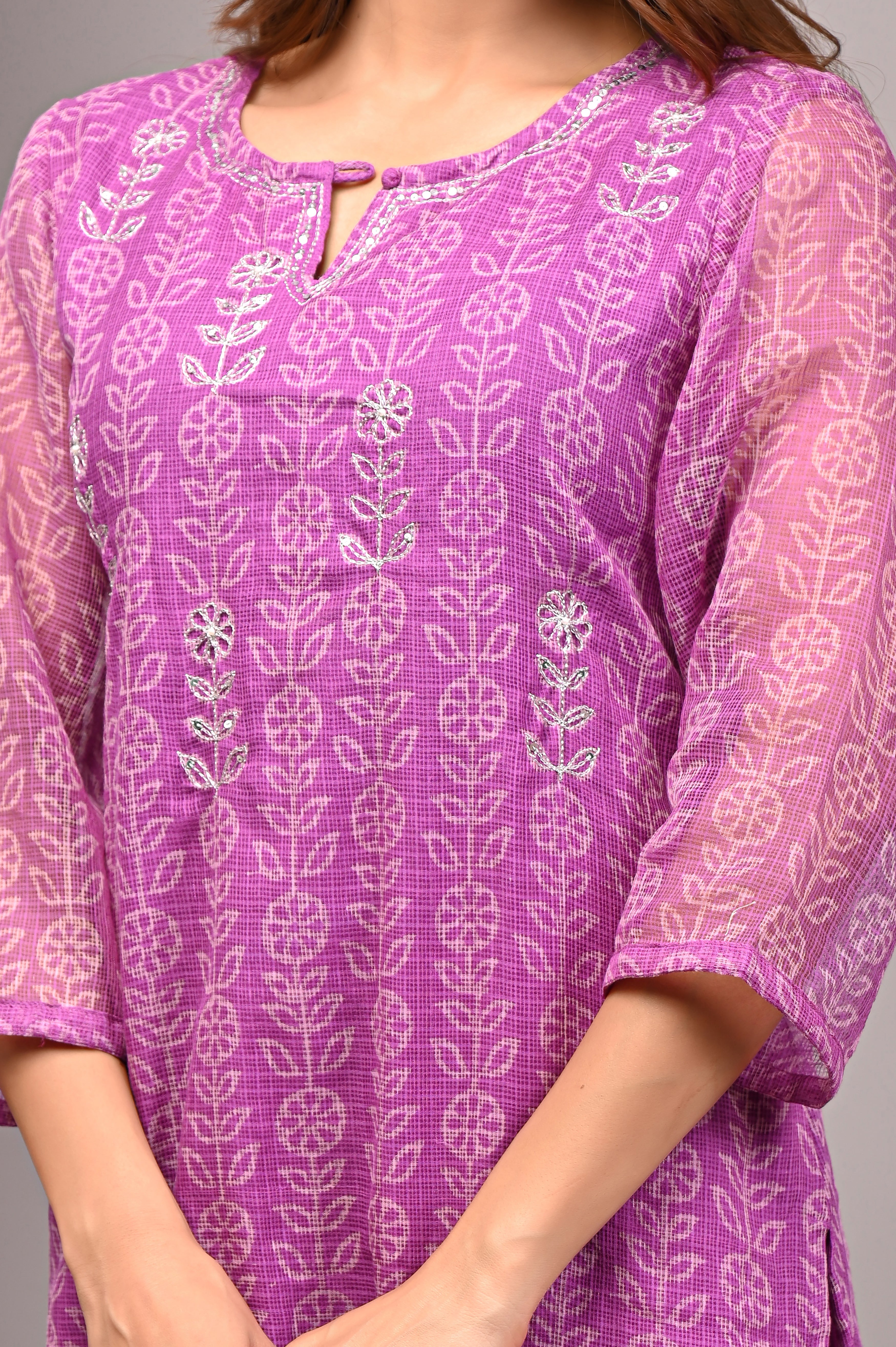 Vibrant Pink Handblock Printed Kota Doria Set