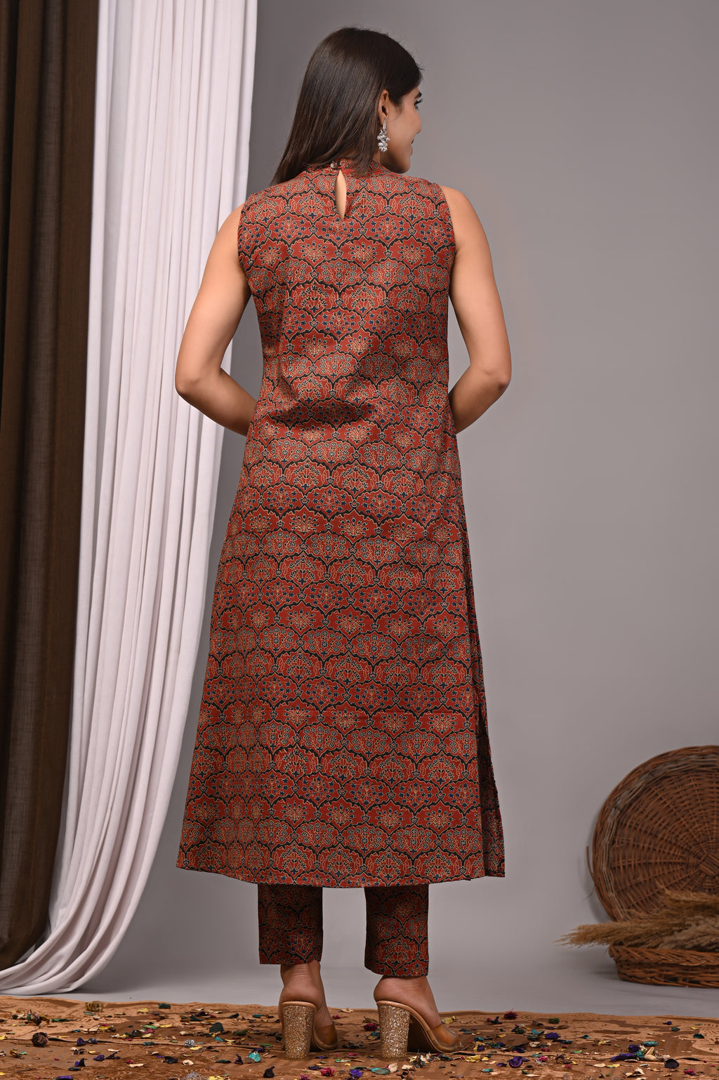 Terracotta Traditional Handblock Sleeveless Co-ord Set