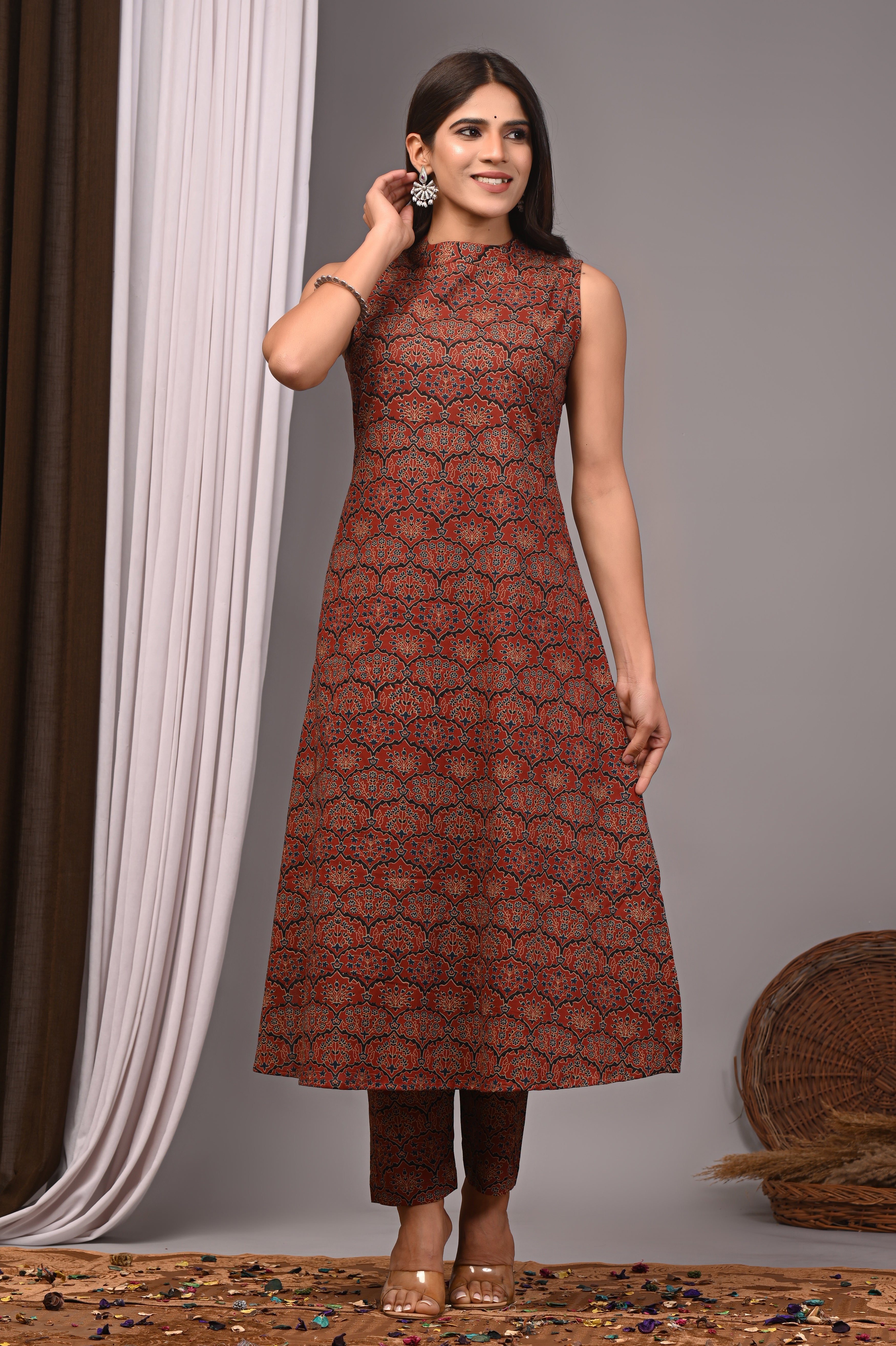 Terracotta Traditional Handblock Sleeveless Co-ord Set