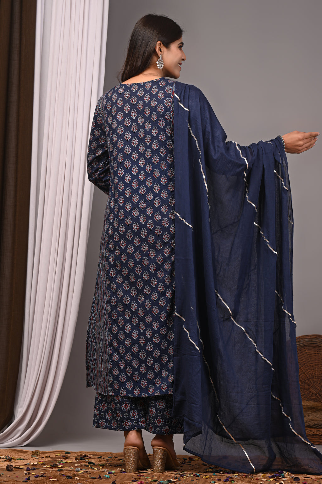 Midnight Indigo Sanganeri A-Line Kurta Palazzo Set