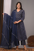 Midnight Indigo Sanganeri A-Line Kurta Palazzo Set