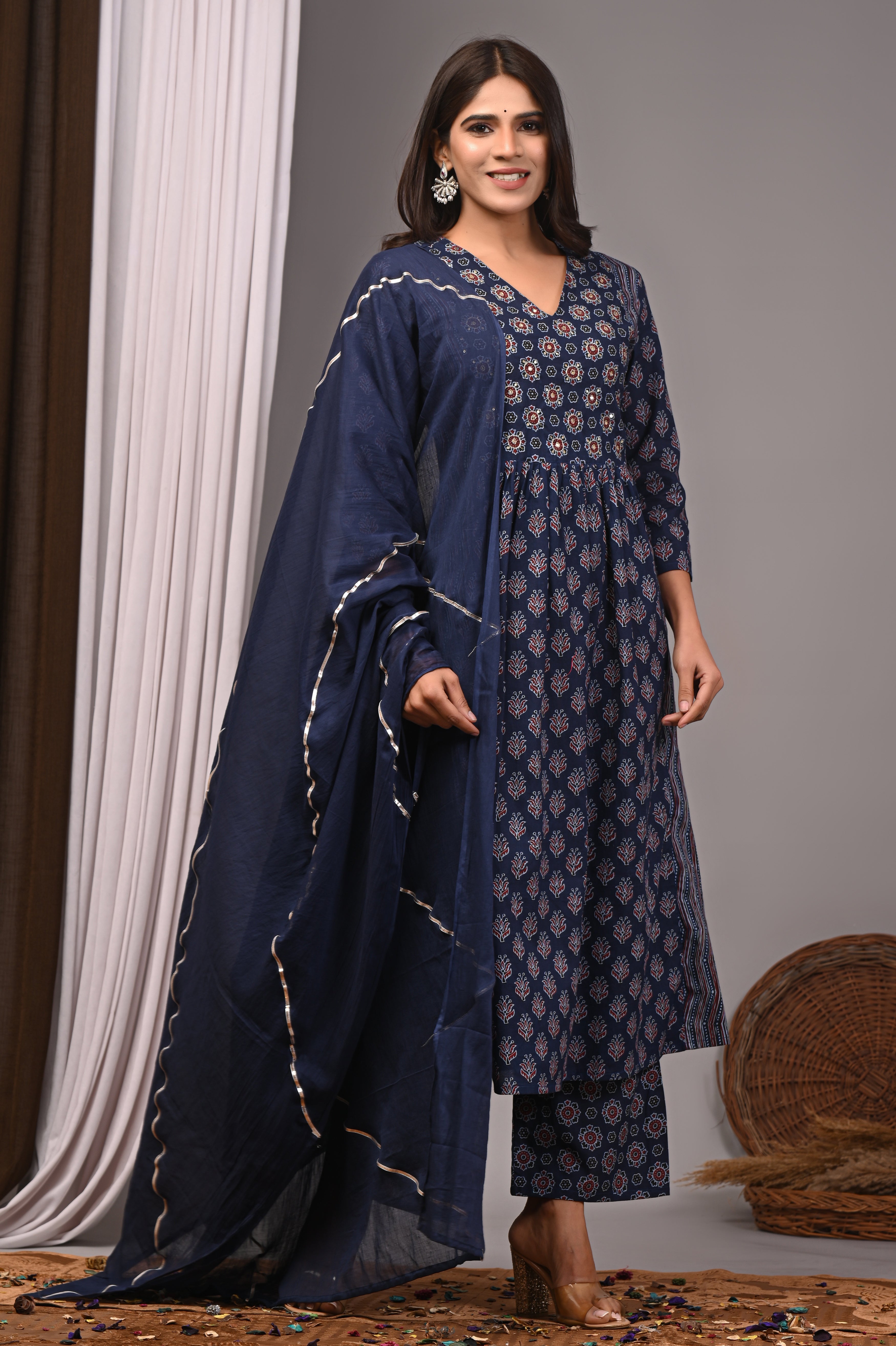 Midnight Indigo Sanganeri A-Line Kurta Palazzo Set