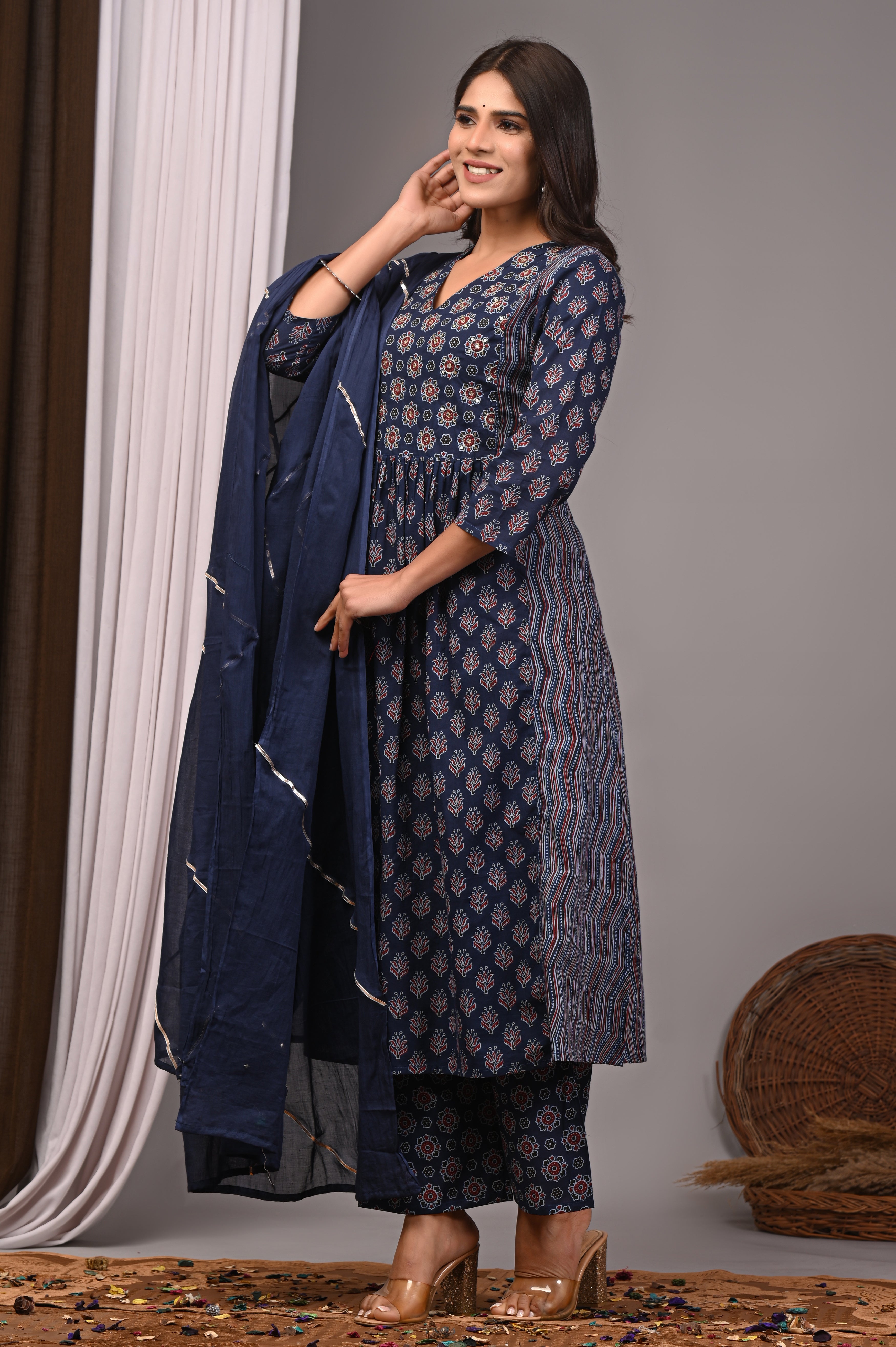 Midnight Indigo Sanganeri A-Line Kurta Palazzo Set