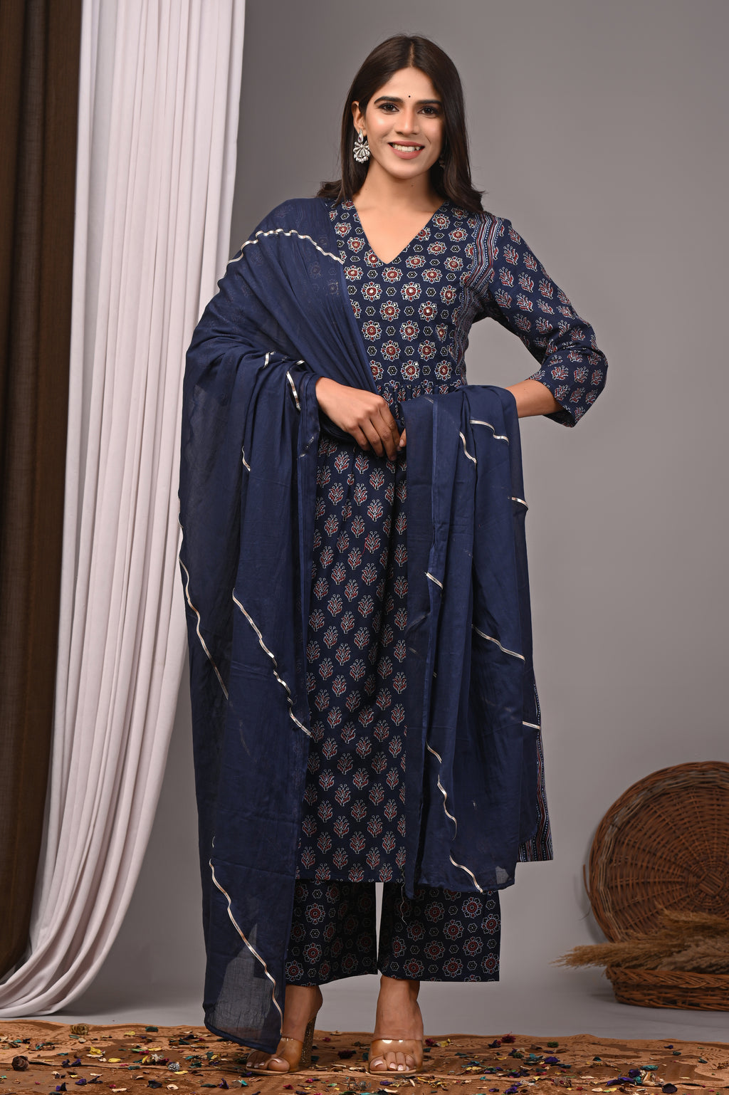 Midnight Indigo Sanganeri A-Line Kurta Palazzo Set