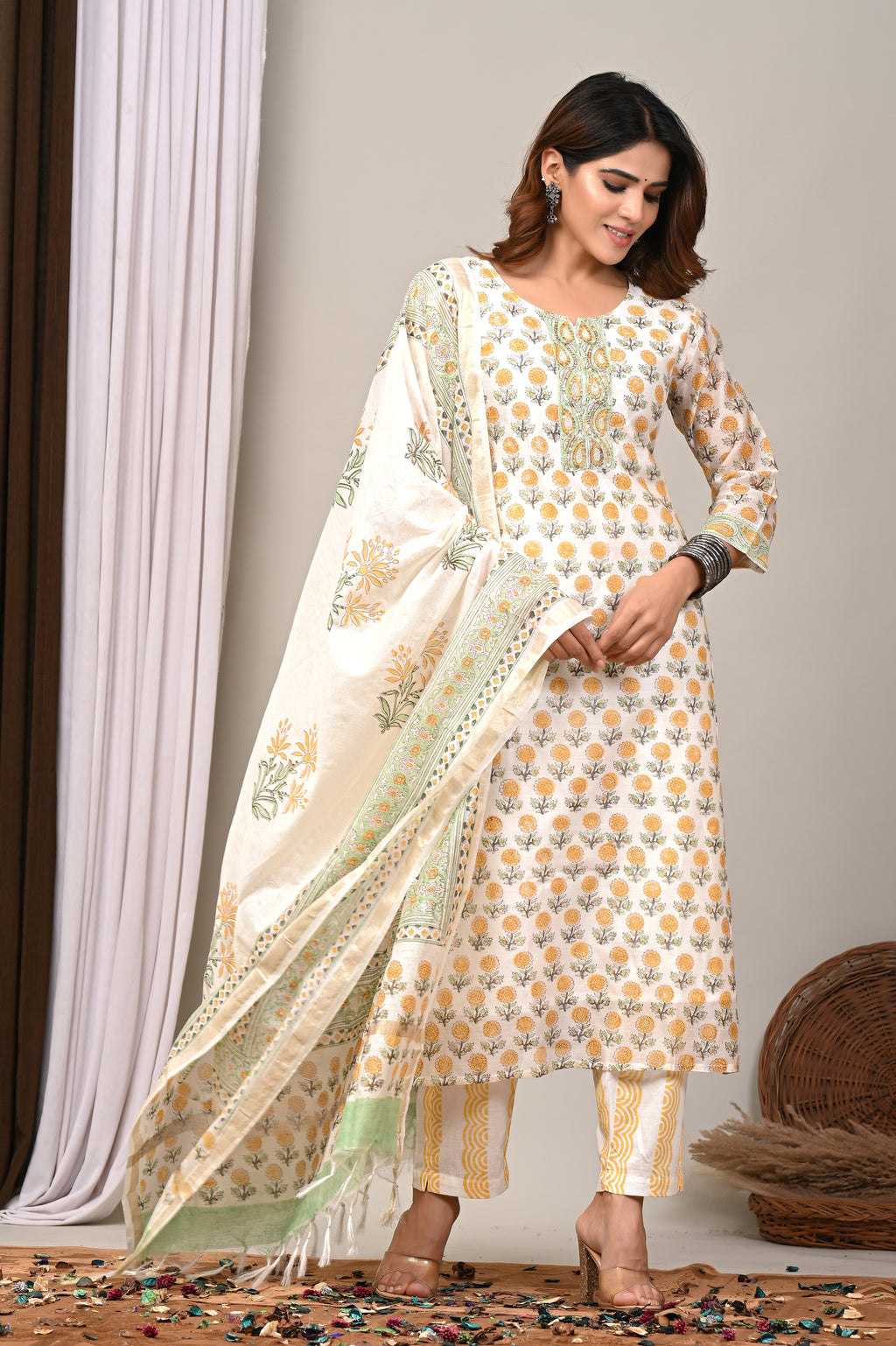 Ivory Marigold Handblock Chanderi Silk Suit Set