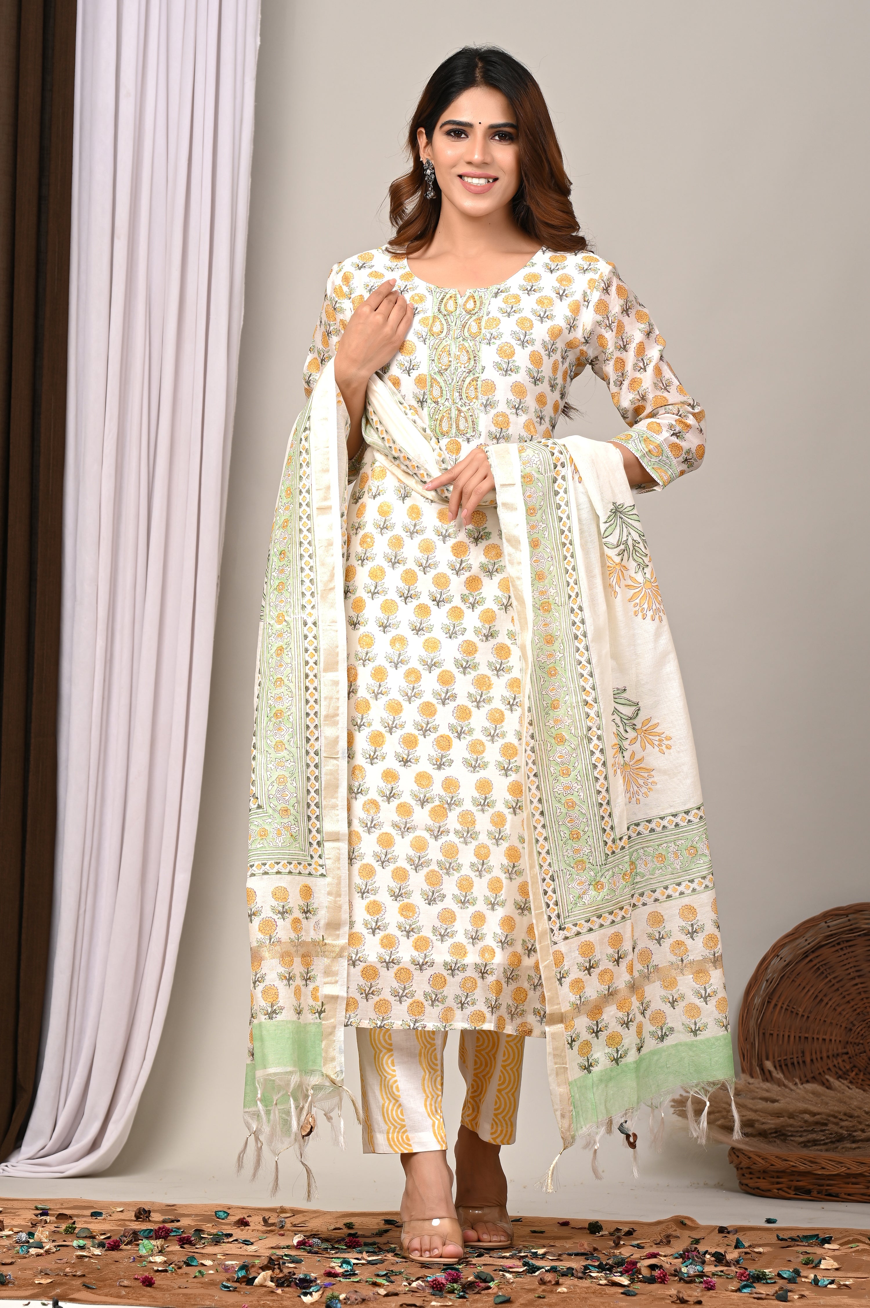 Ivory Marigold Handblock Chanderi Silk Suit Set