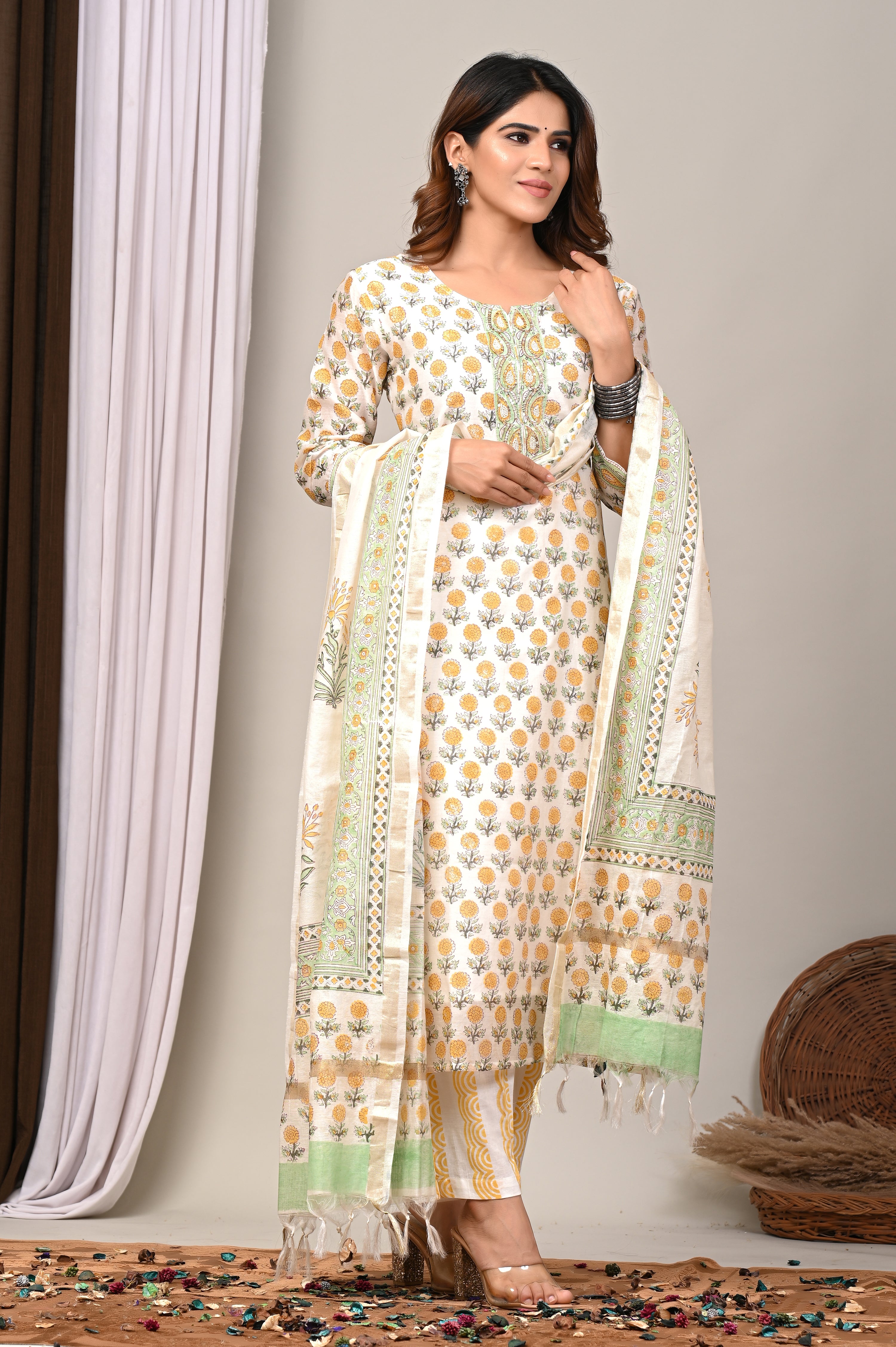 Ivory Marigold Handblock Chanderi Silk Suit Set