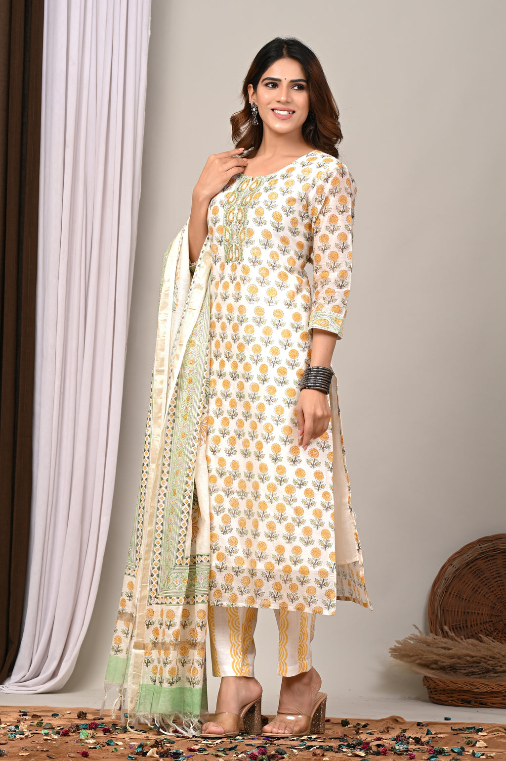 Ivory Marigold Handblock Chanderi Silk Suit Set