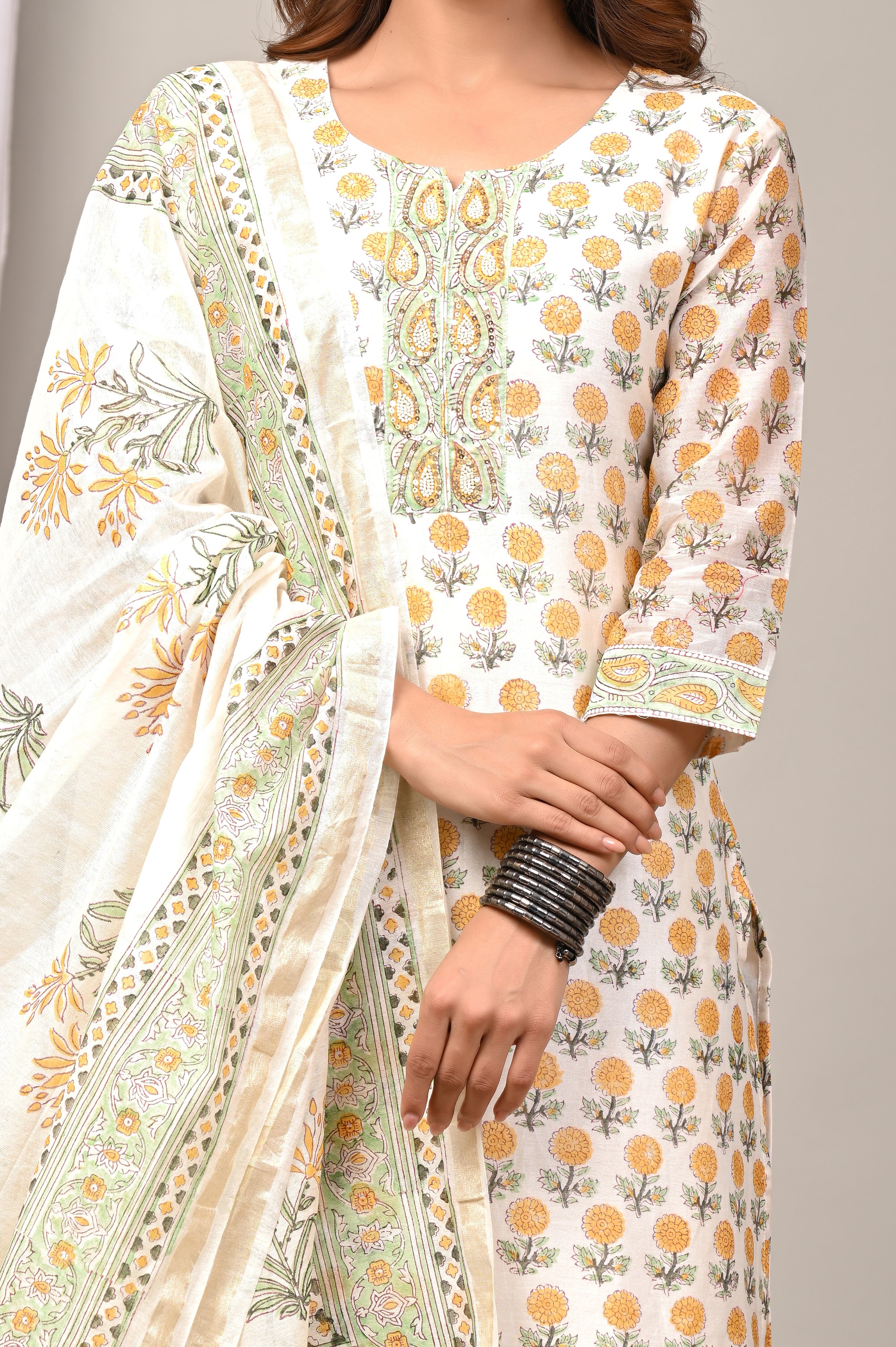 Ivory Marigold Handblock Chanderi Silk Suit Set