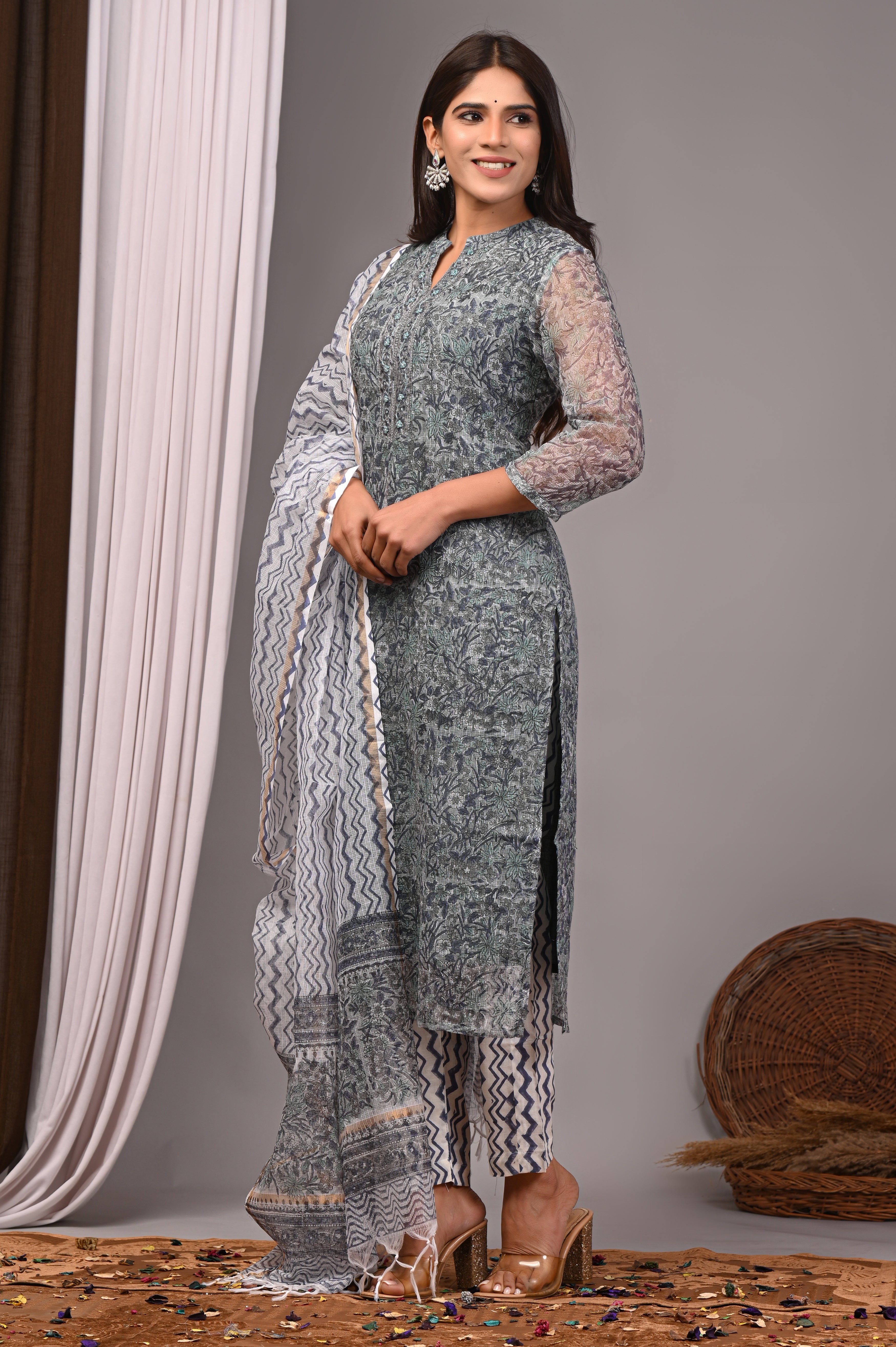 Teal Green Multi-Floral Handblock Kota Doria Set