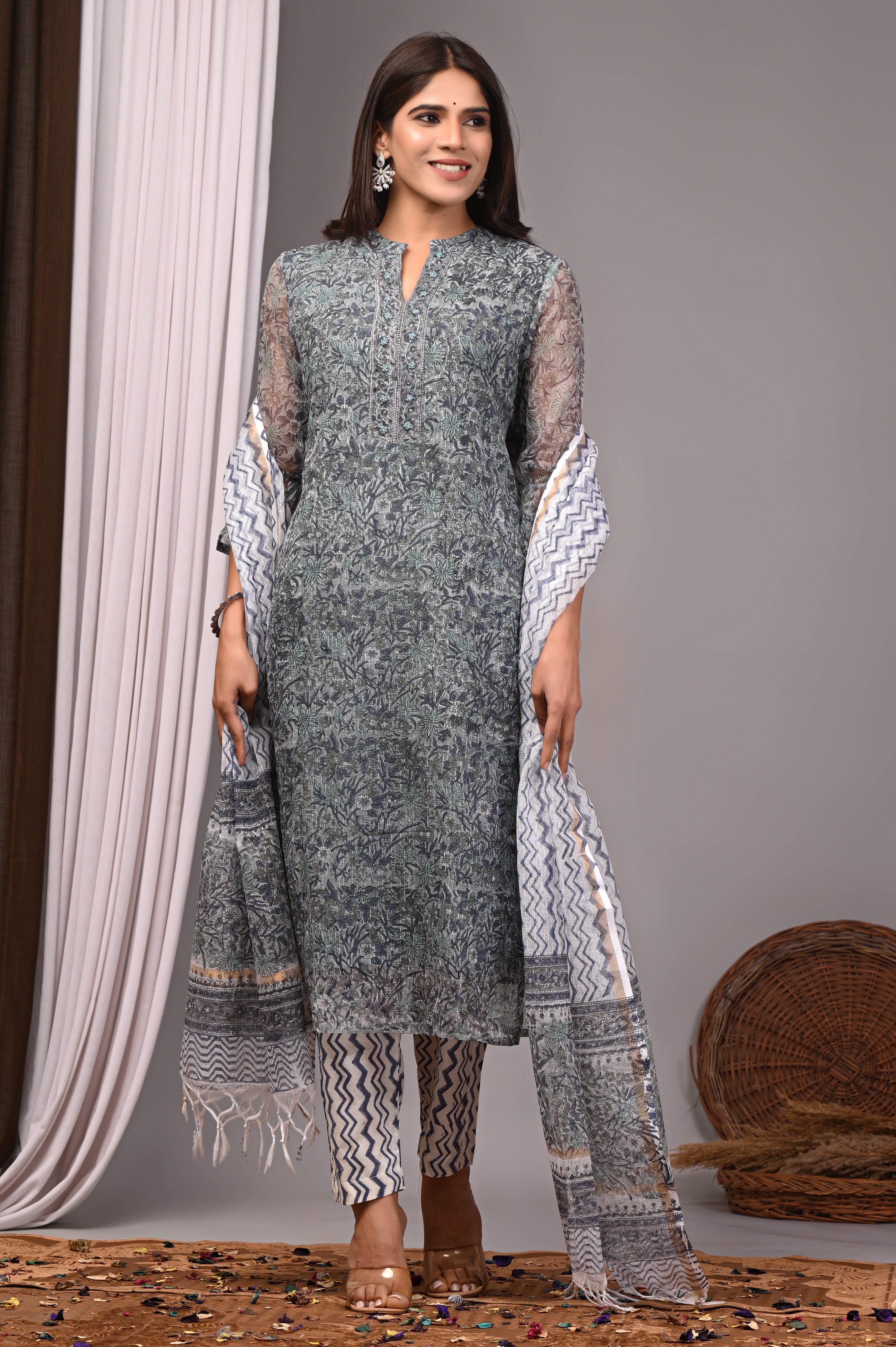 Teal Green Multi-Floral Handblock Kota Doria Set