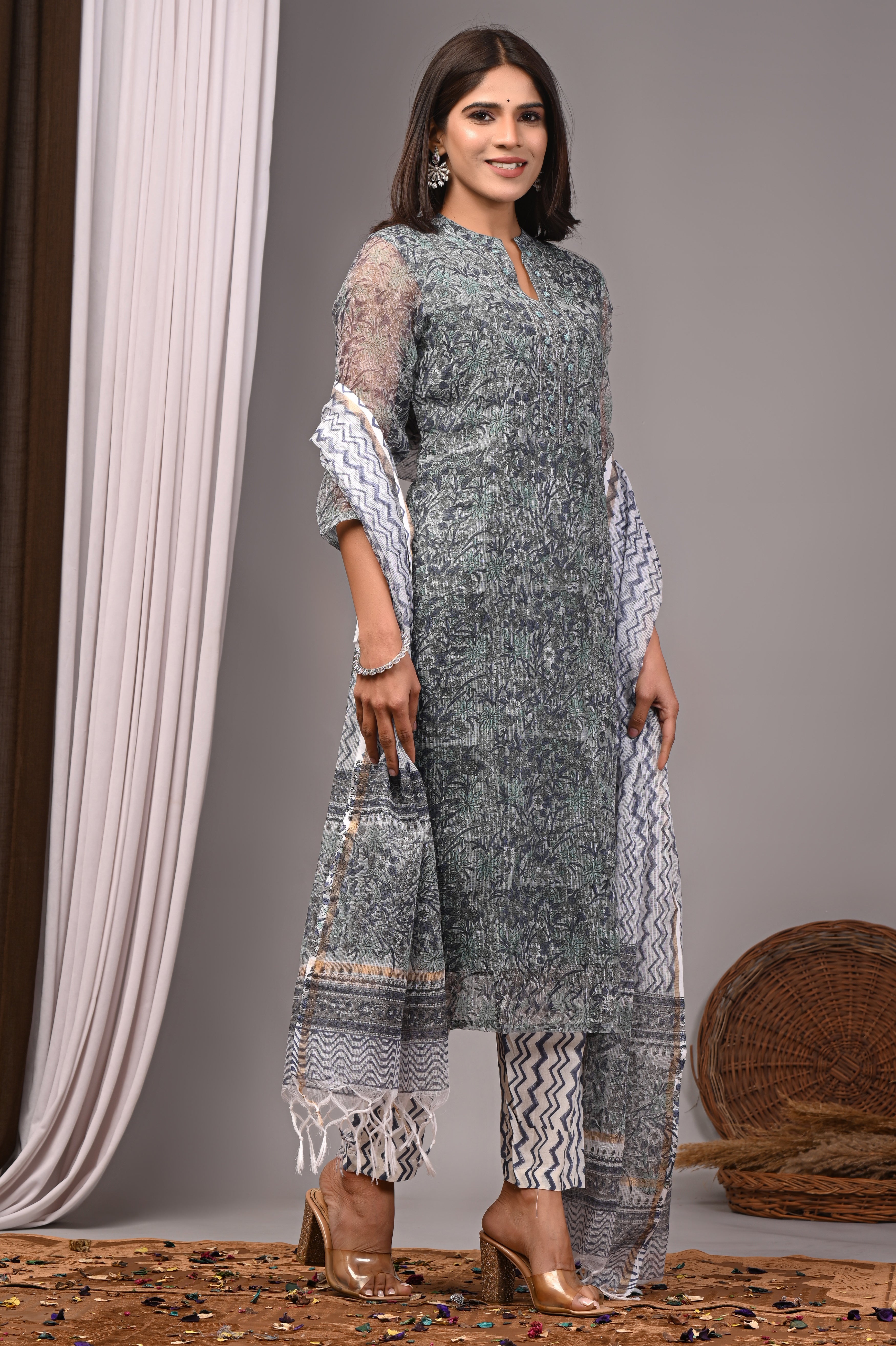 Teal Green Multi-Floral Handblock Kota Doria Set