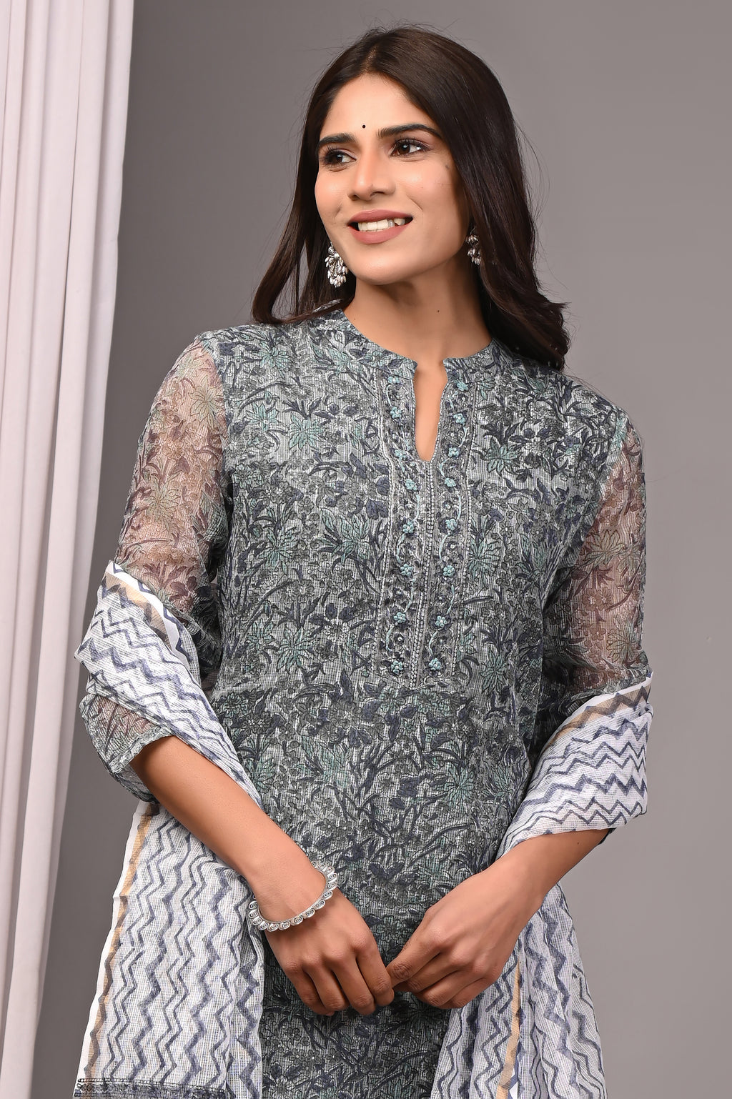 Teal Green Multi-Floral Handblock Kota Doria Set