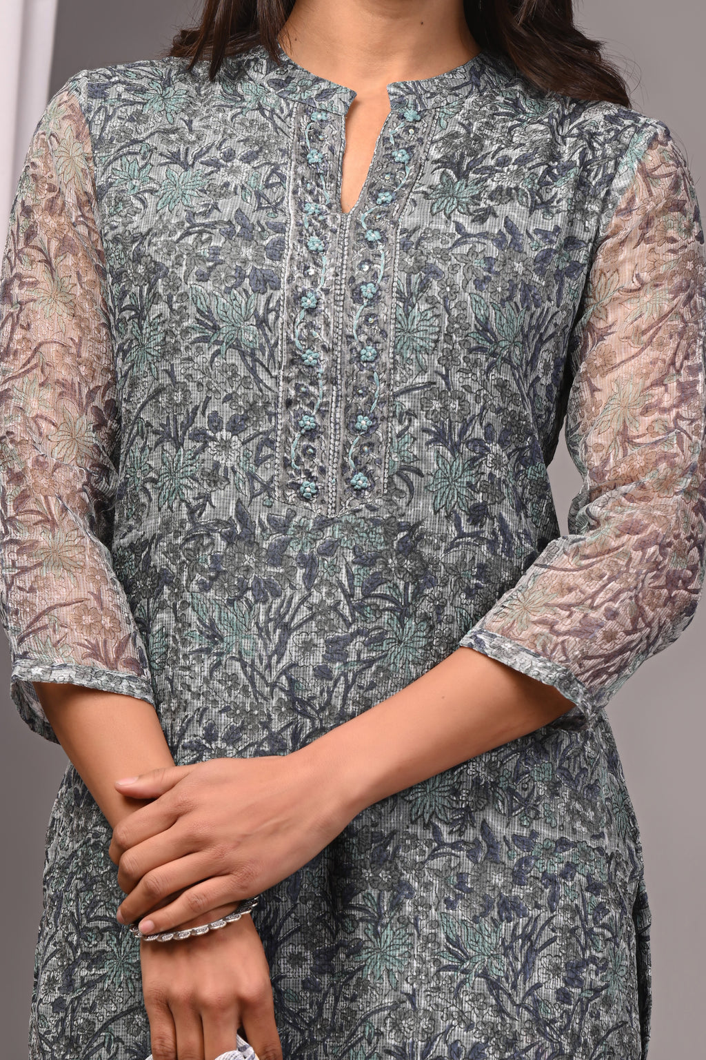 Teal Green Multi-Floral Handblock Kota Doria Set