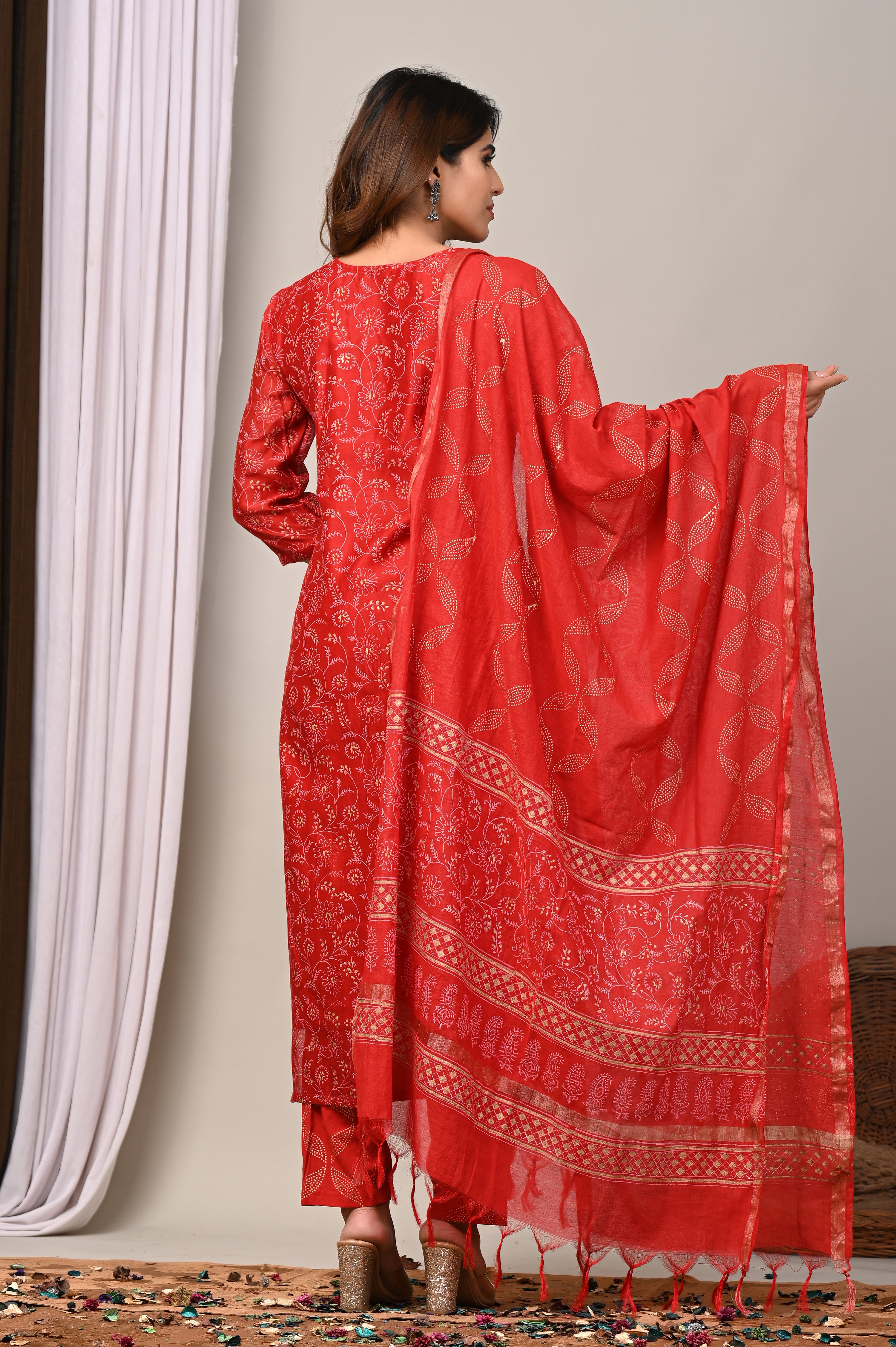 Crimson Vine Gold Foil Chanderi Silk Suit Set