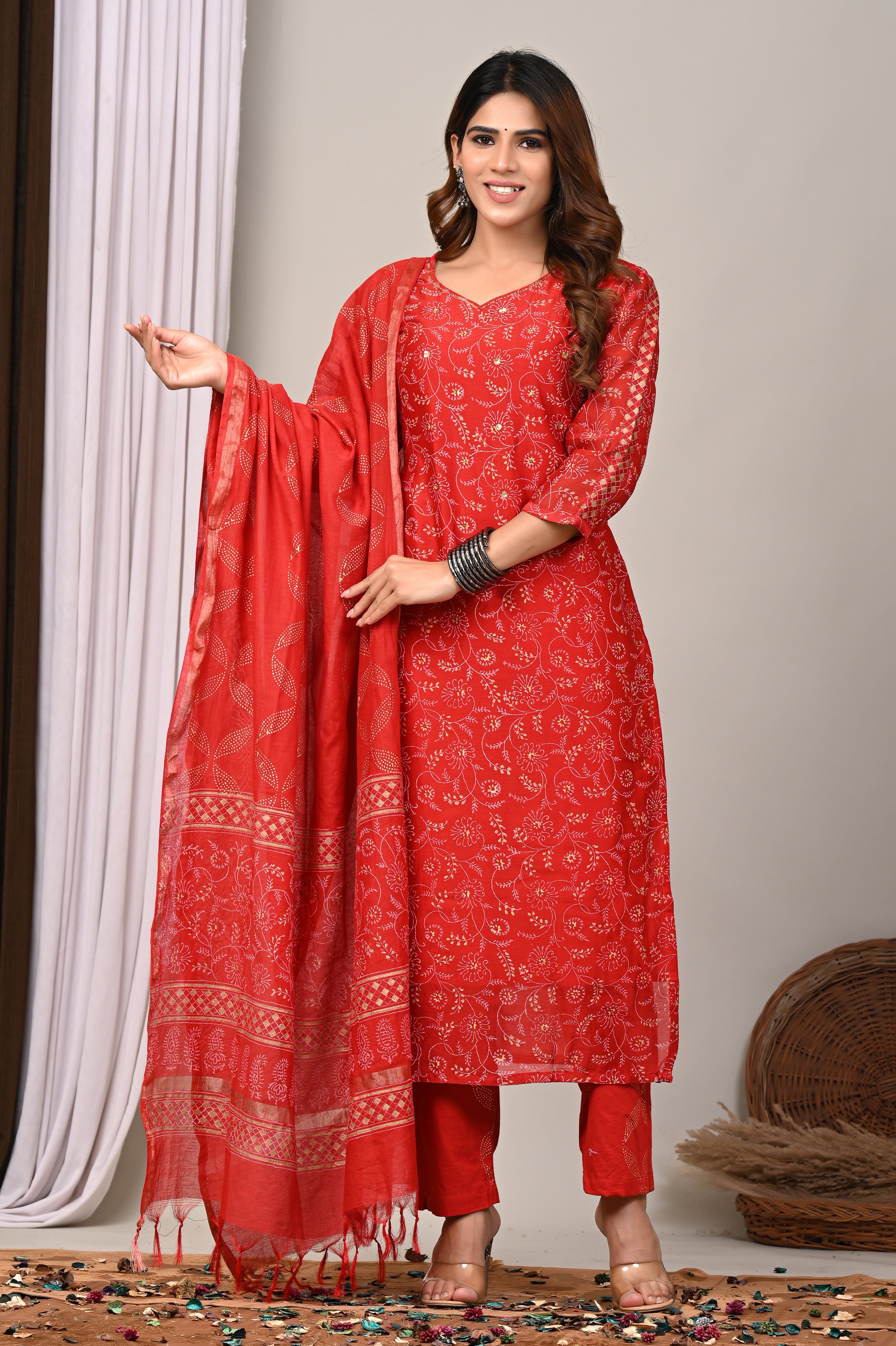 Crimson Vine Gold Foil Chanderi Silk Suit Set
