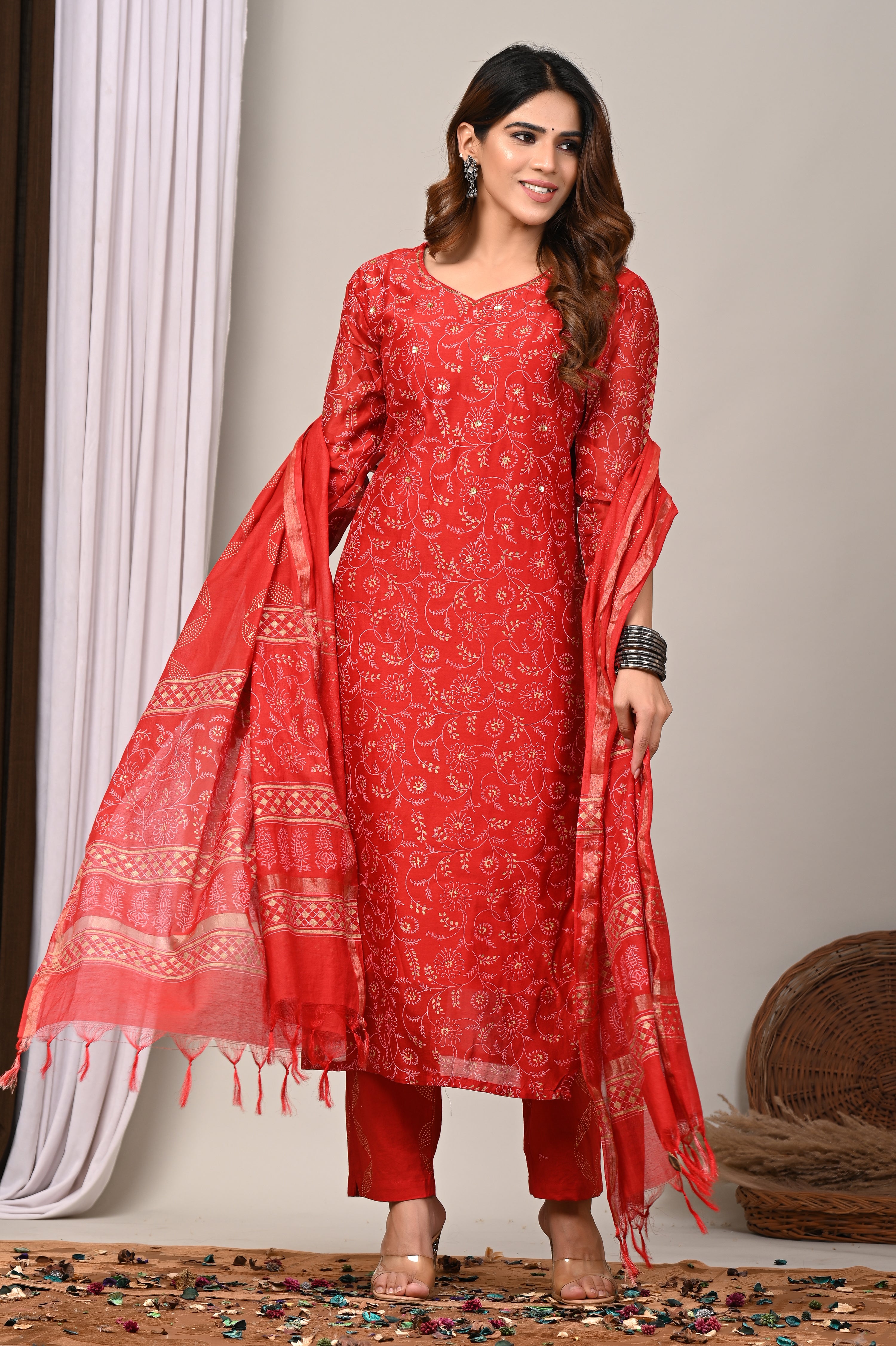 Crimson Vine Gold Foil Chanderi Silk Suit Set