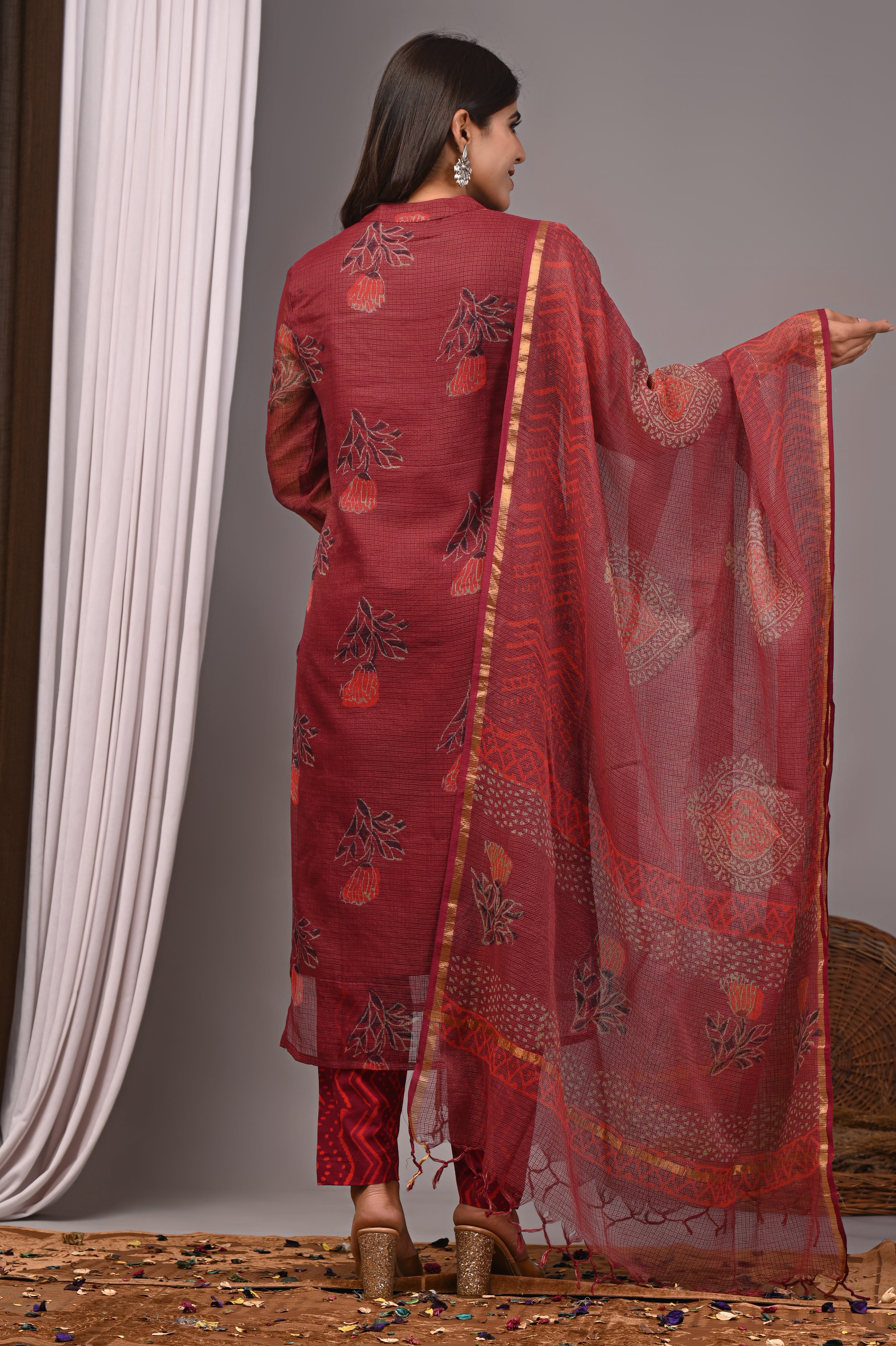 Maroon Floral Handblock Printed Kota Doria Set