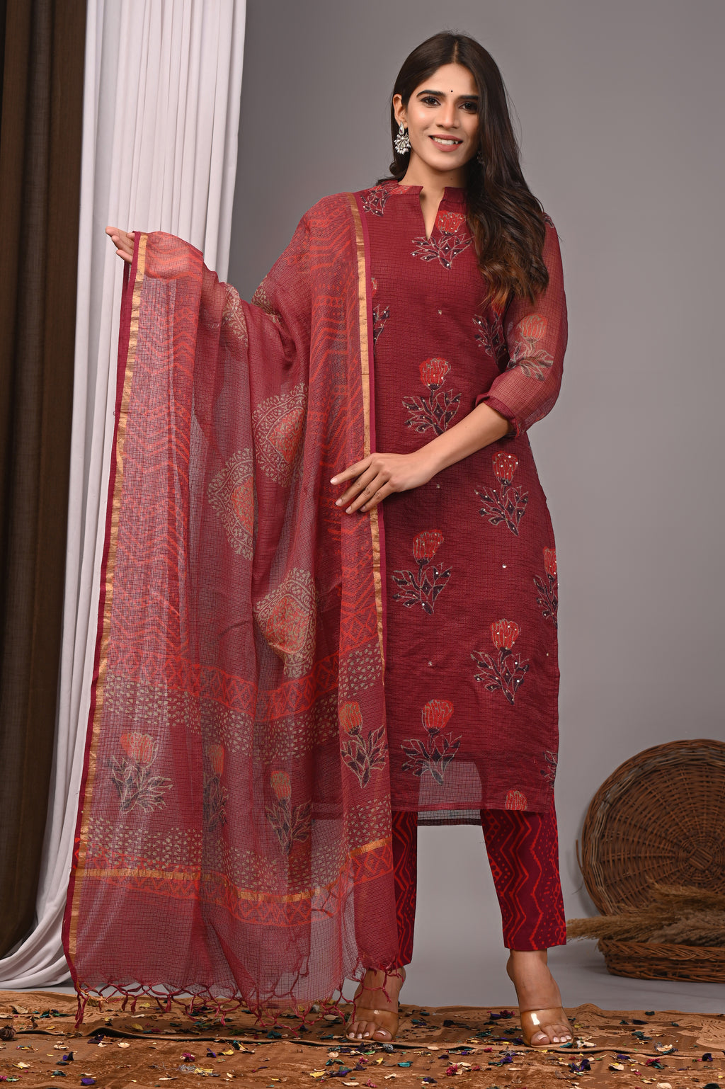 Maroon Floral Handblock Printed Kota Doria Set