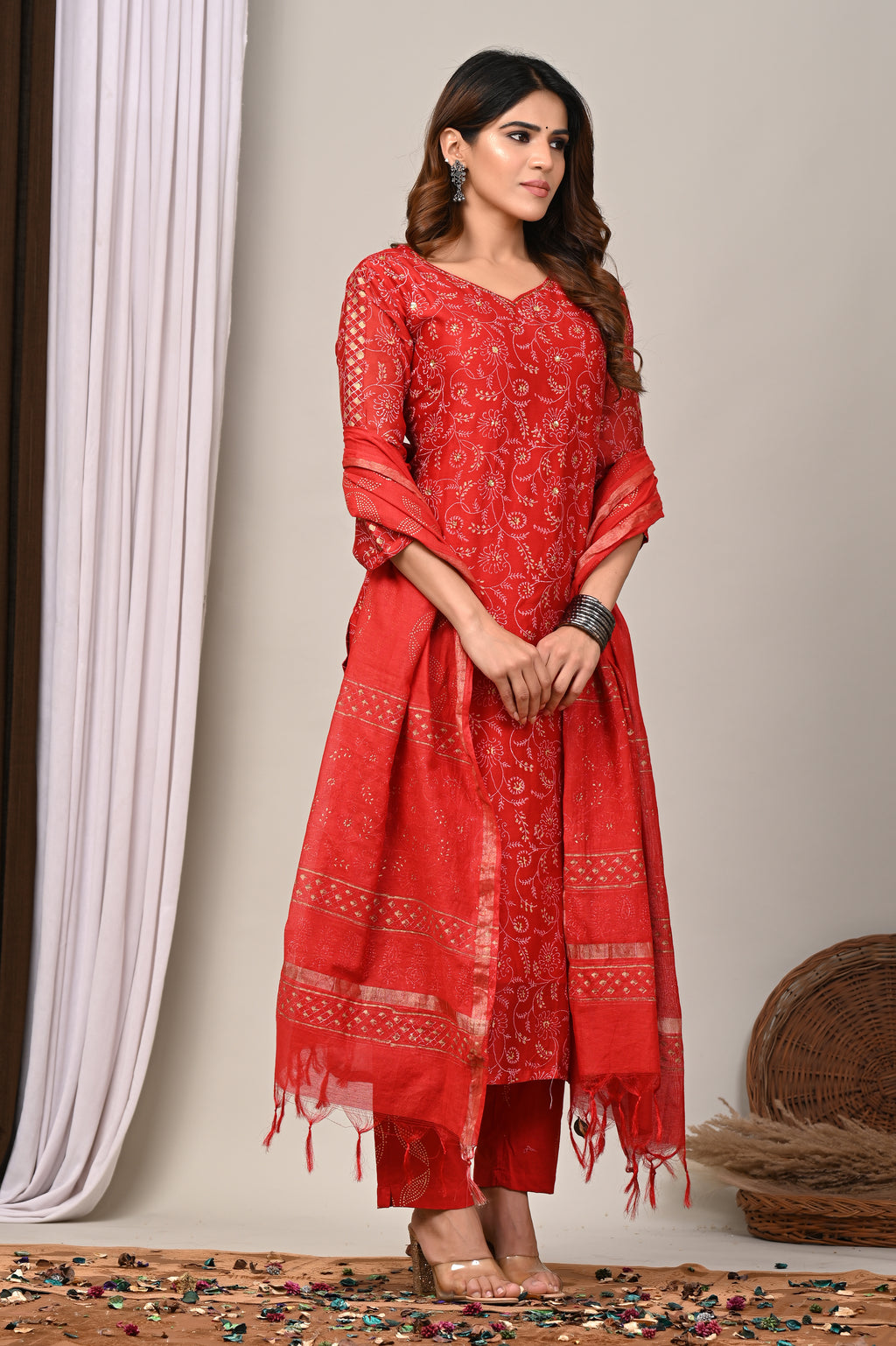 Crimson Vine Gold Foil Chanderi Silk Suit Set