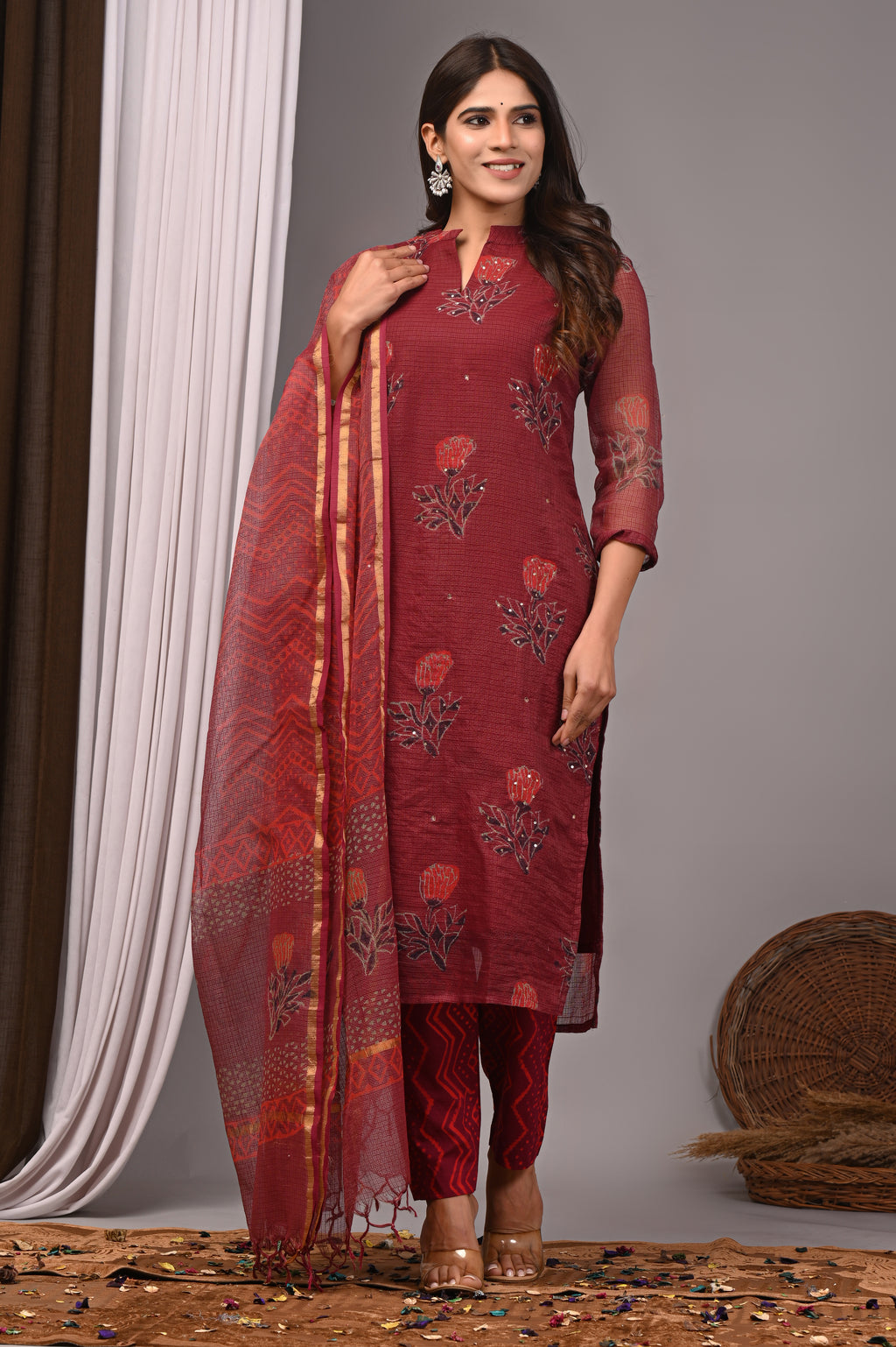 Maroon Floral Handblock Printed Kota Doria Set