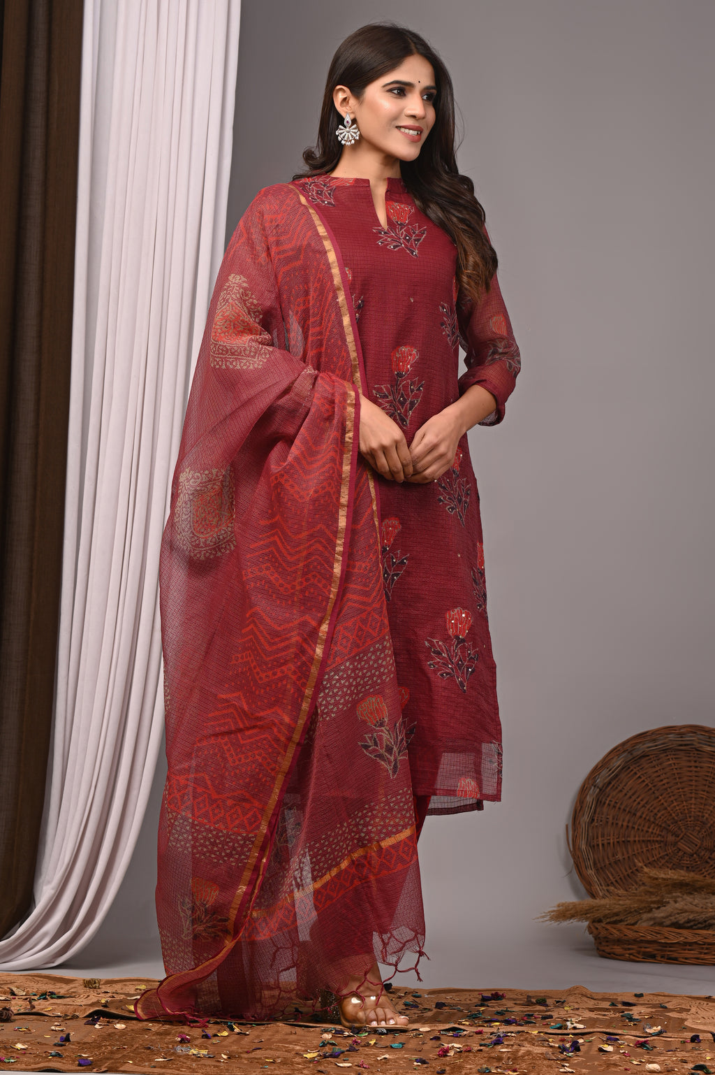 Maroon Floral Handblock Printed Kota Doria Set