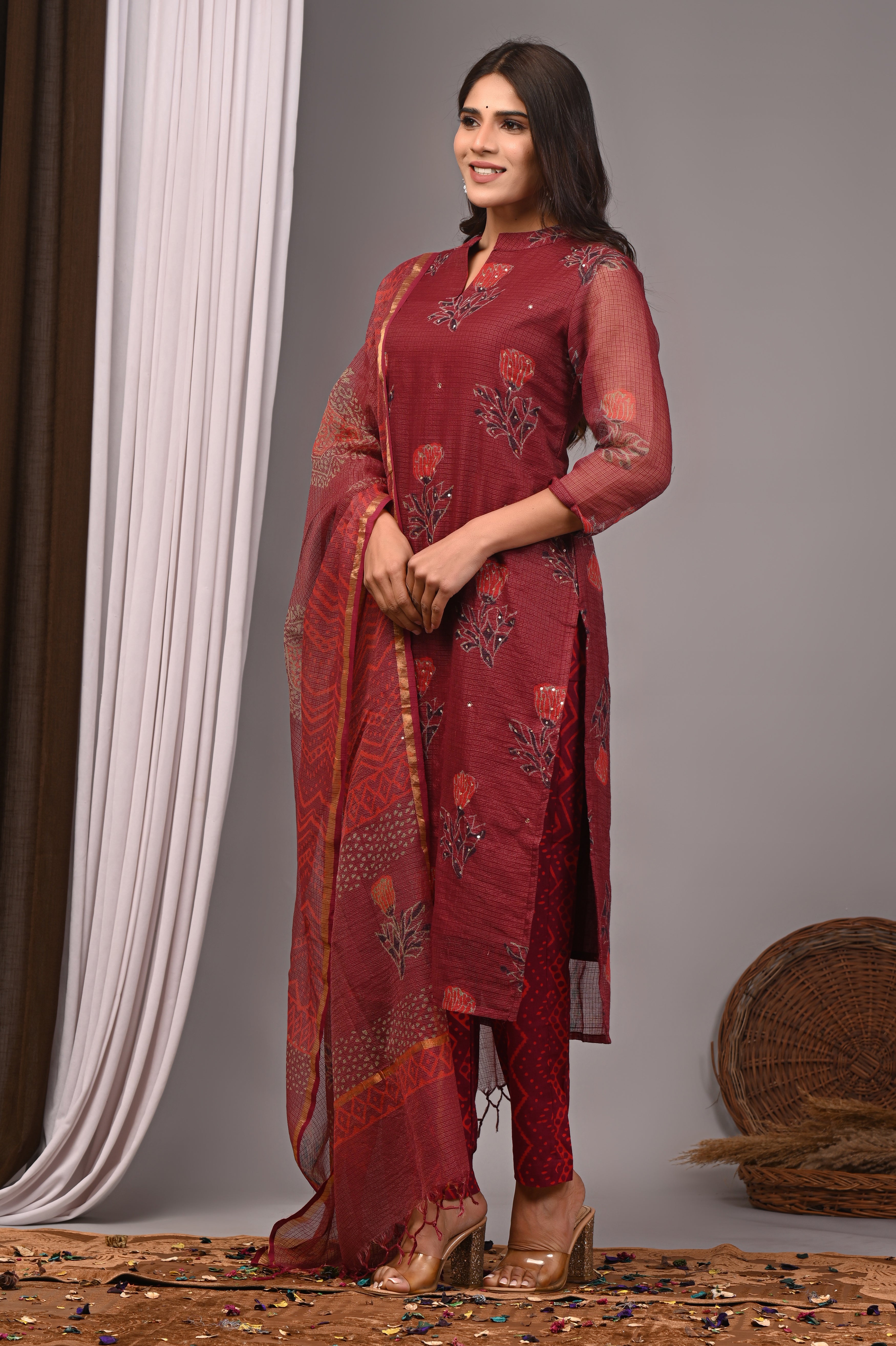 Maroon Floral Handblock Printed Kota Doria Set