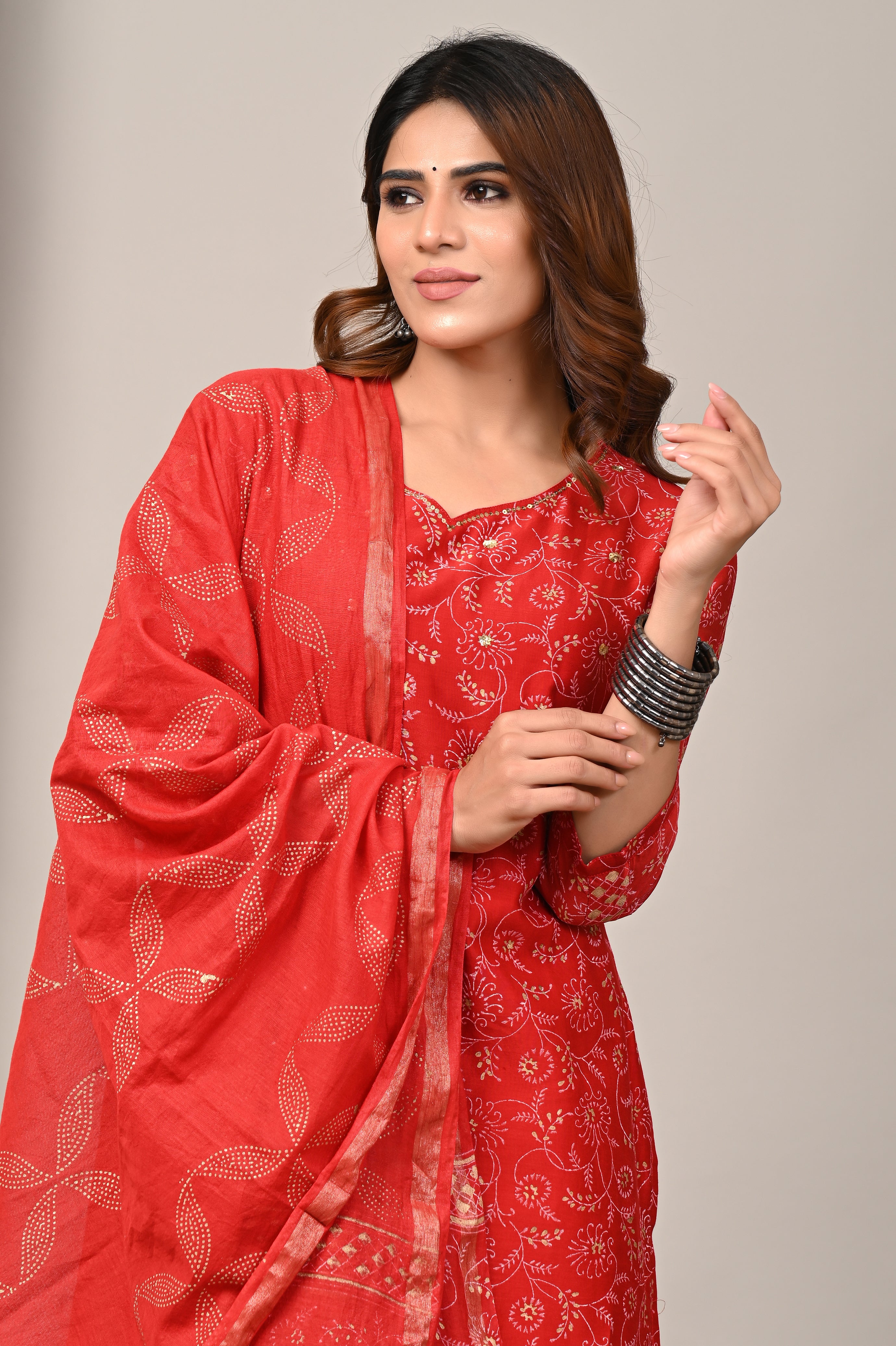 Crimson Vine Gold Foil Chanderi Silk Suit Set