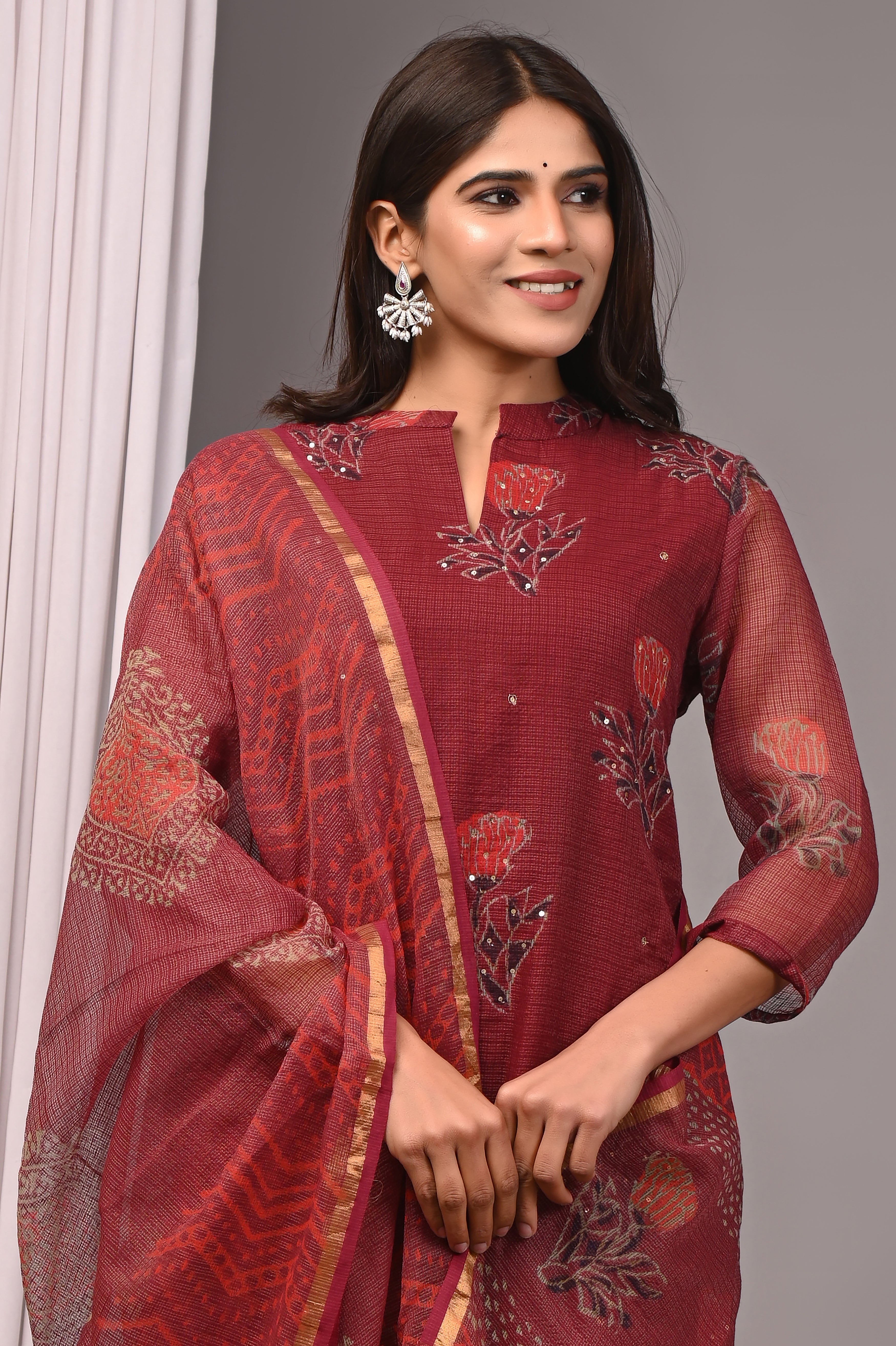 Maroon Floral Handblock Printed Kota Doria Set