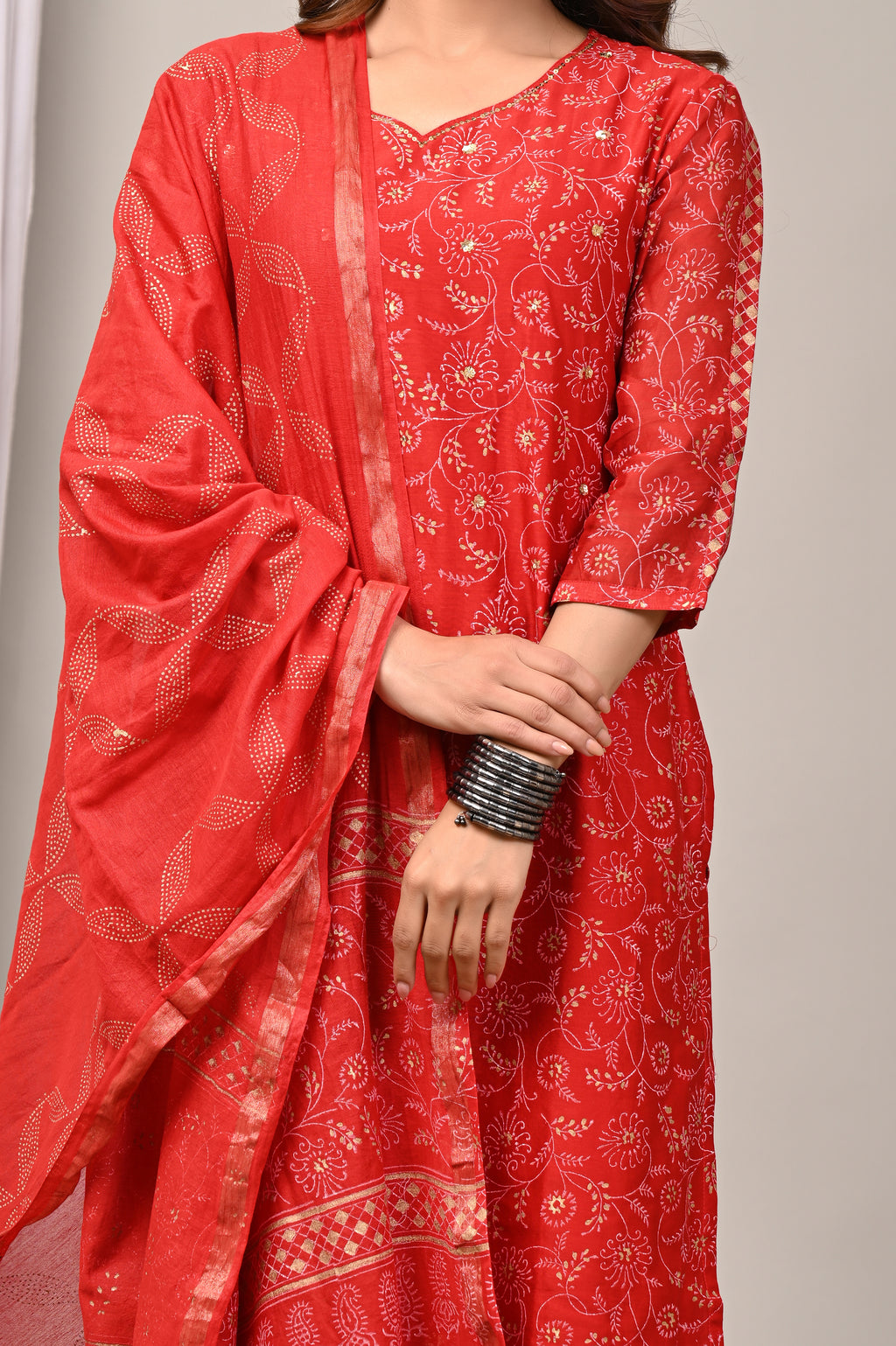 Crimson Vine Gold Foil Chanderi Silk Suit Set