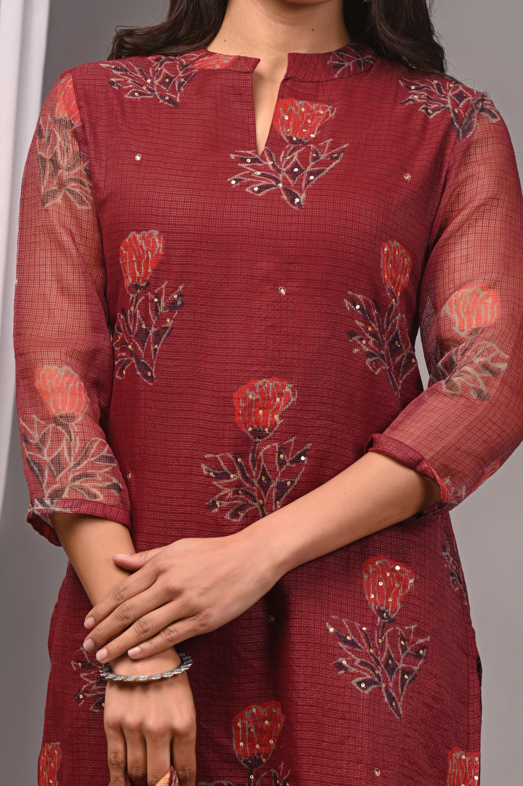 Maroon Floral Handblock Printed Kota Doria Set