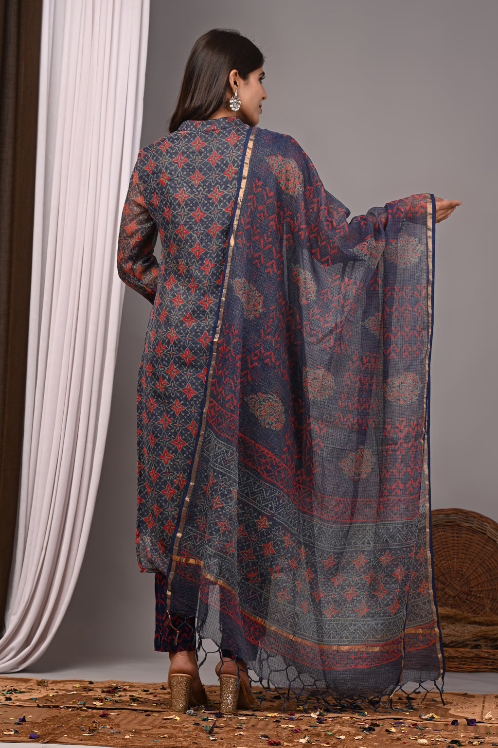 Indigo & Terracotta Red Handblock Kota Doria Set with Aari Work