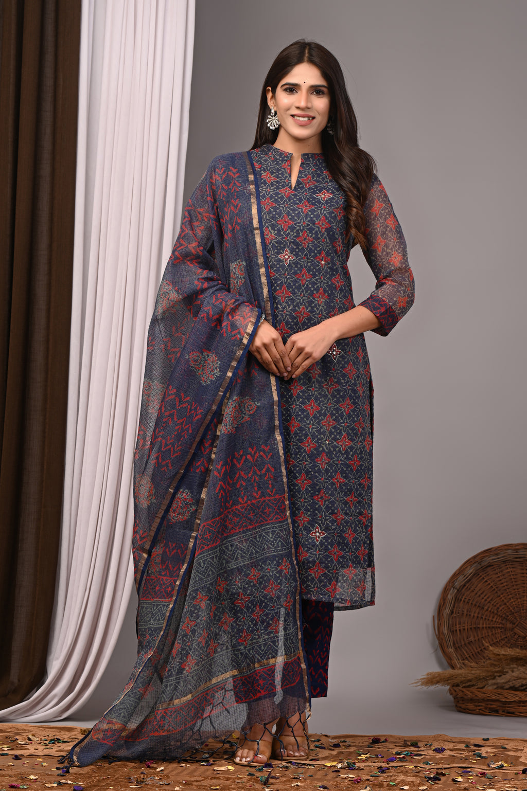 Indigo & Terracotta Red Handblock Kota Doria Set with Aari Work