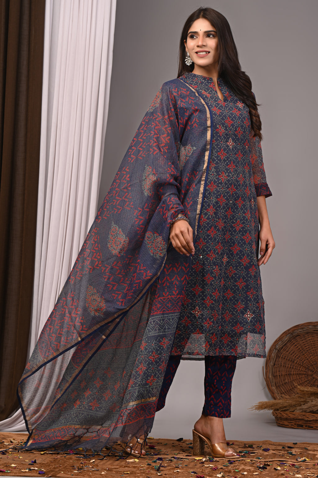 Indigo & Terracotta Red Handblock Kota Doria Set with Aari Work