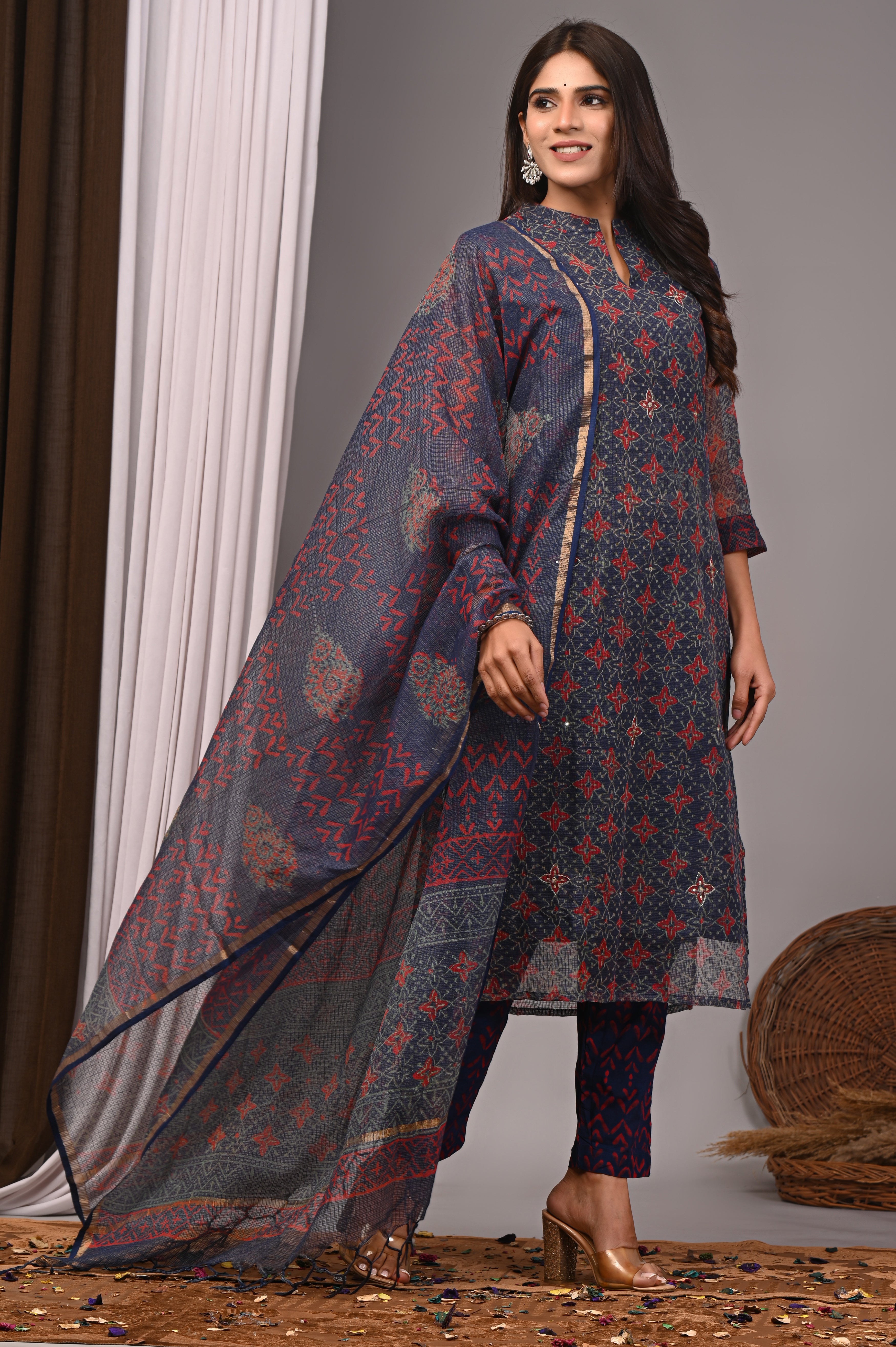 Indigo & Terracotta Red Handblock Kota Doria Set with Aari Work