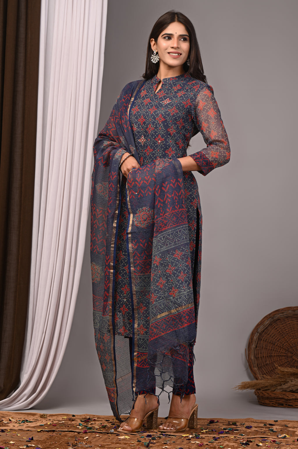 Indigo & Terracotta Red Handblock Kota Doria Set with Aari Work