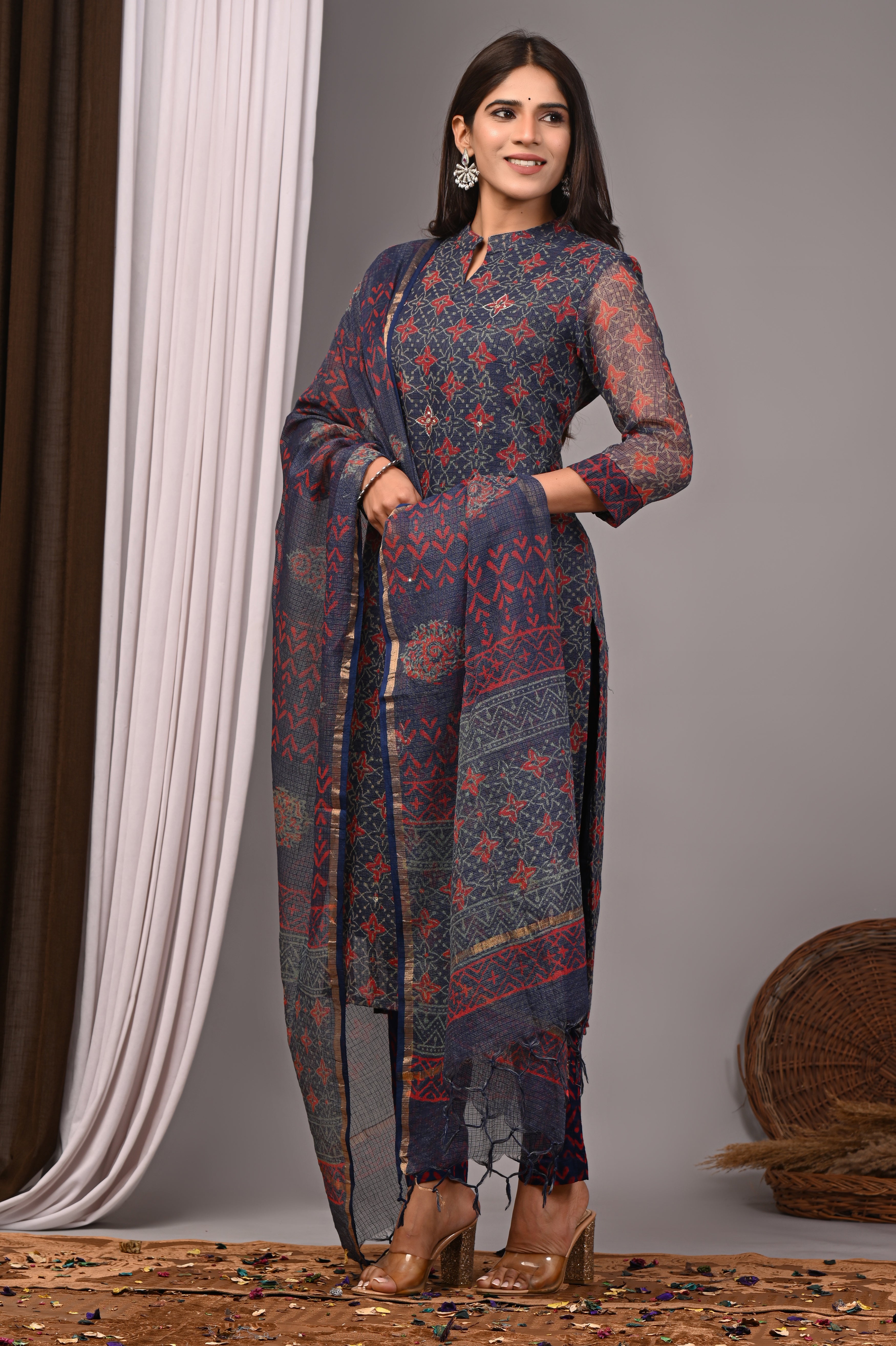 Indigo & Terracotta Red Handblock Kota Doria Set with Aari Work