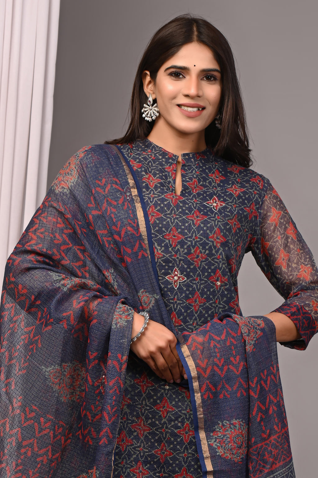 Indigo & Terracotta Red Handblock Kota Doria Set with Aari Work