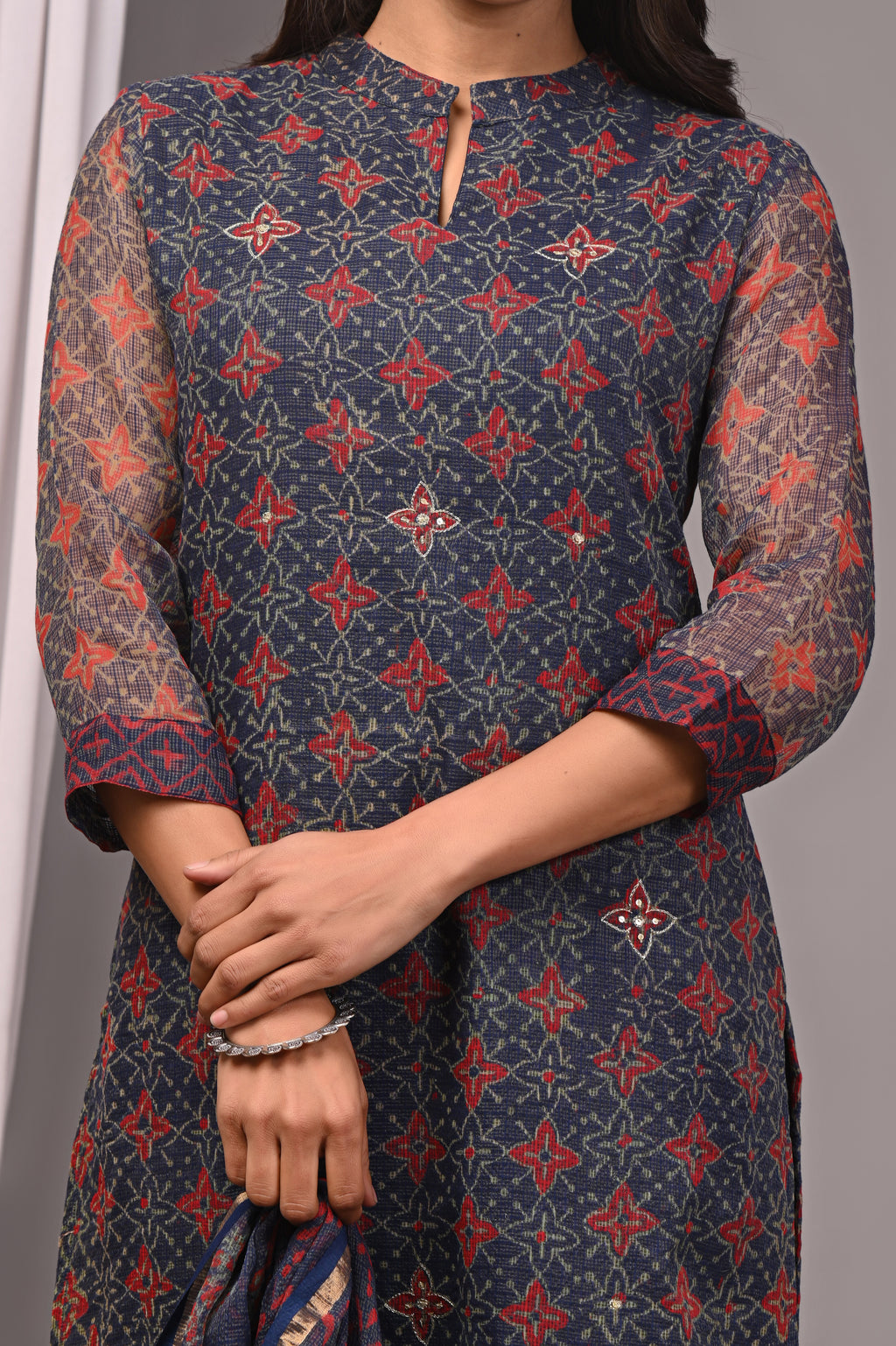Indigo & Terracotta Red Handblock Kota Doria Set with Aari Work