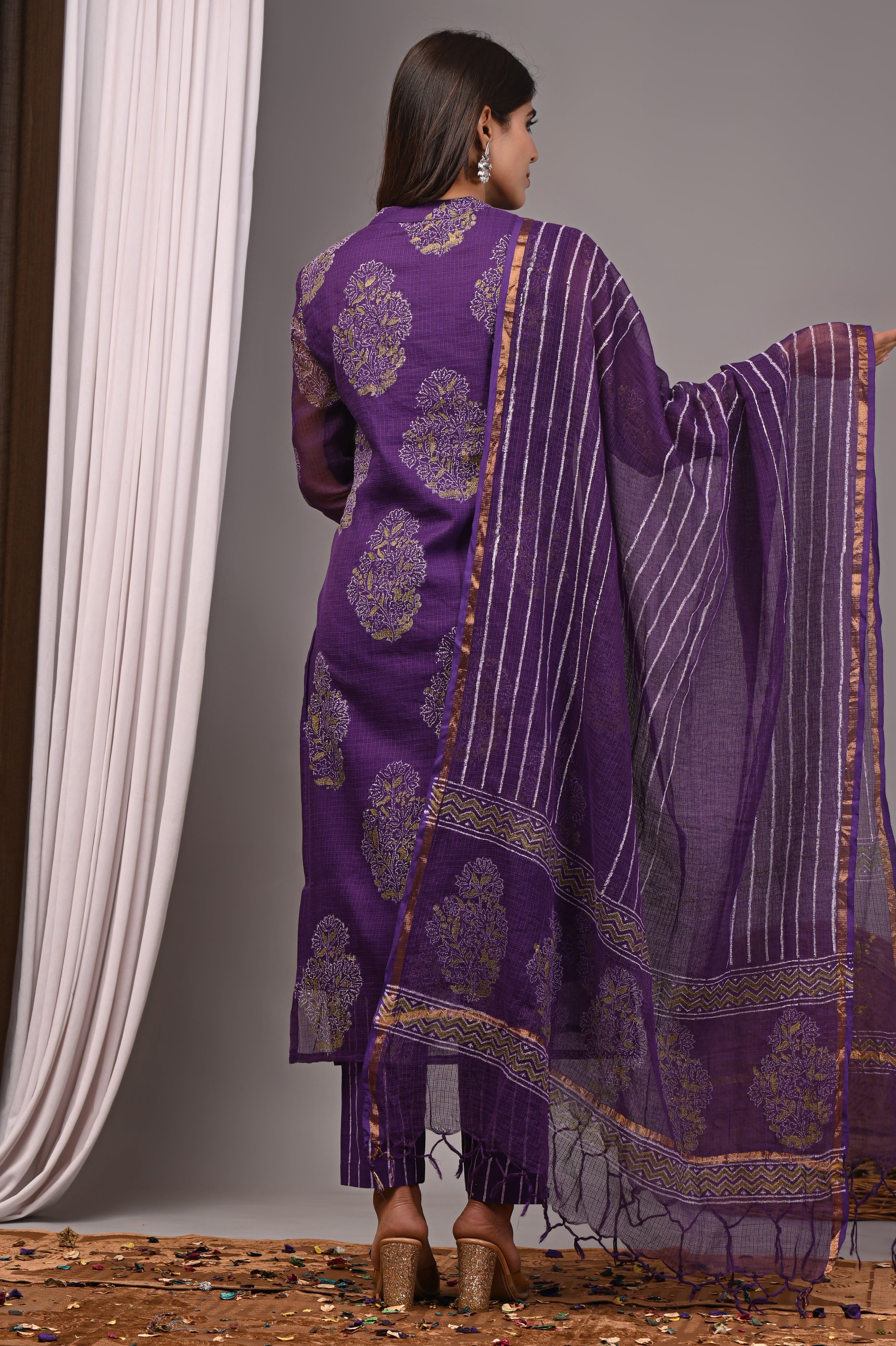 Deep Purple Handblock Printed Kota Doria Set
