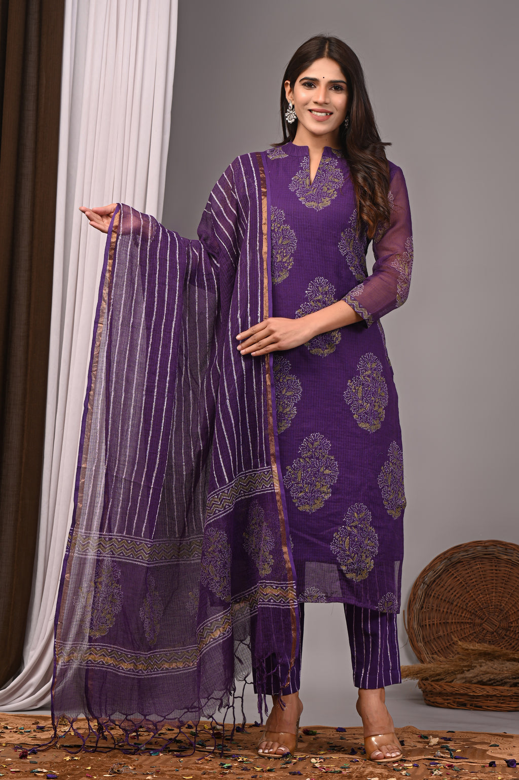 Deep Purple Handblock Printed Kota Doria Set