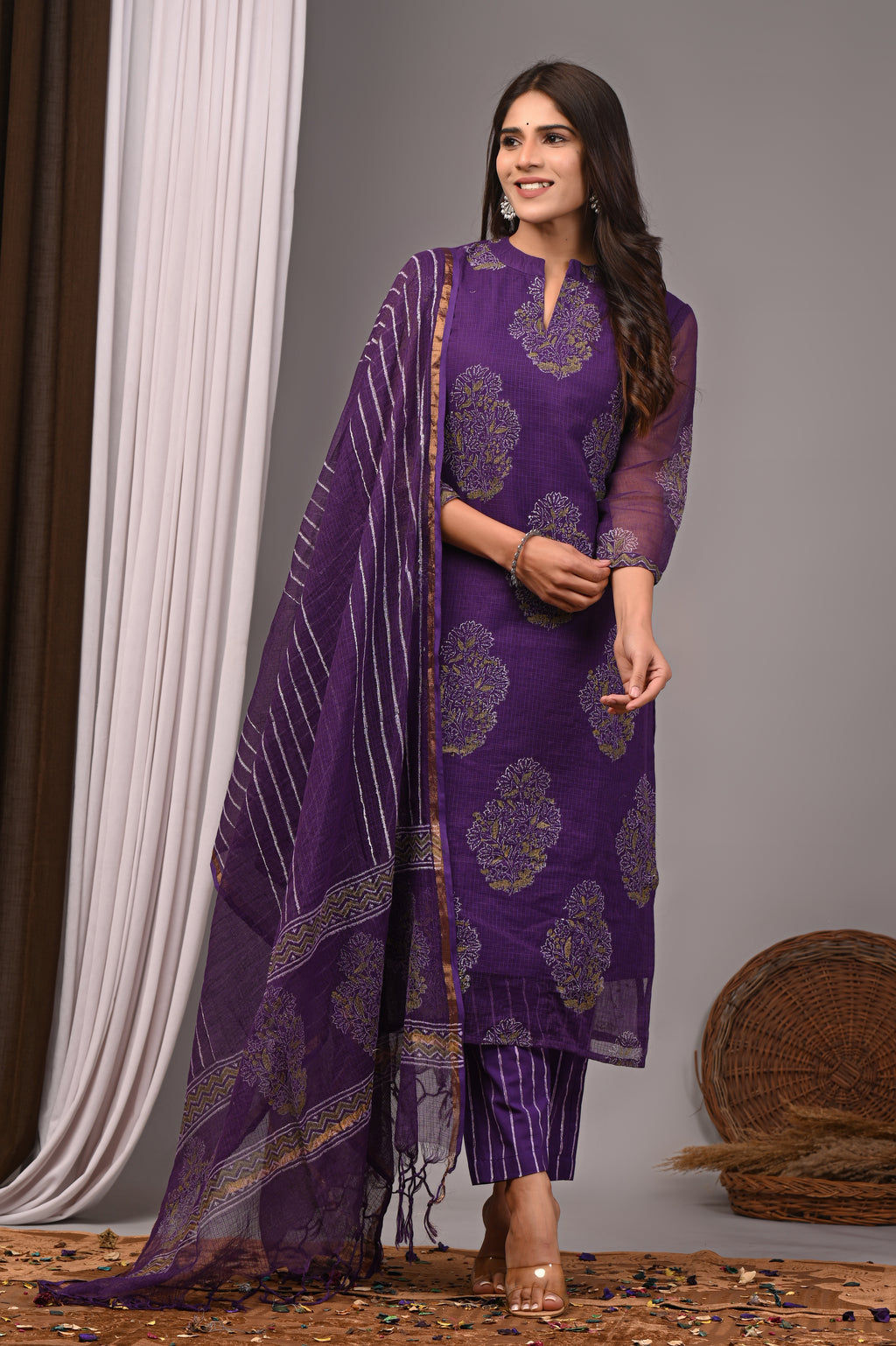 Deep Purple Handblock Printed Kota Doria Set