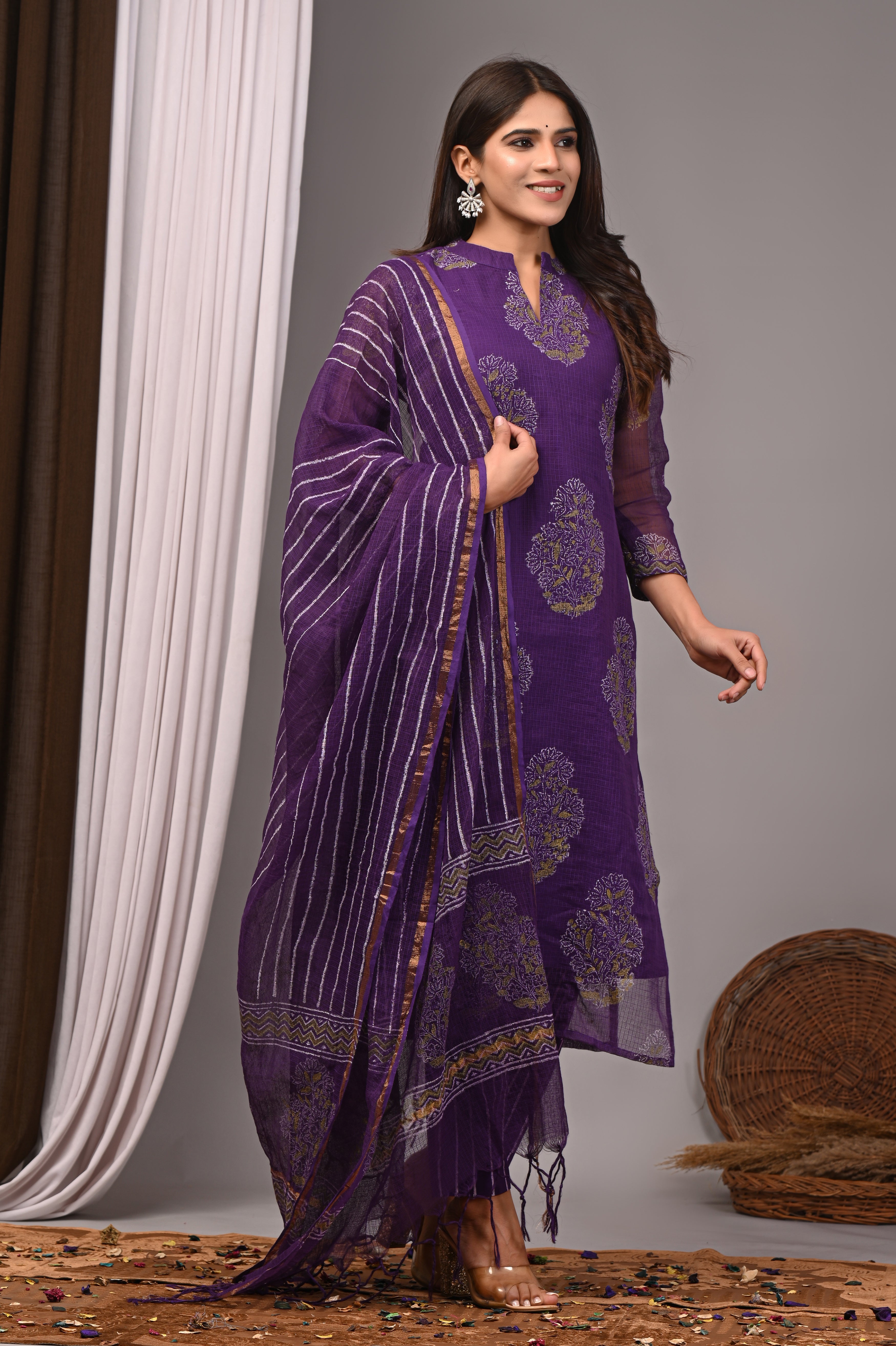 Deep Purple Handblock Printed Kota Doria Set