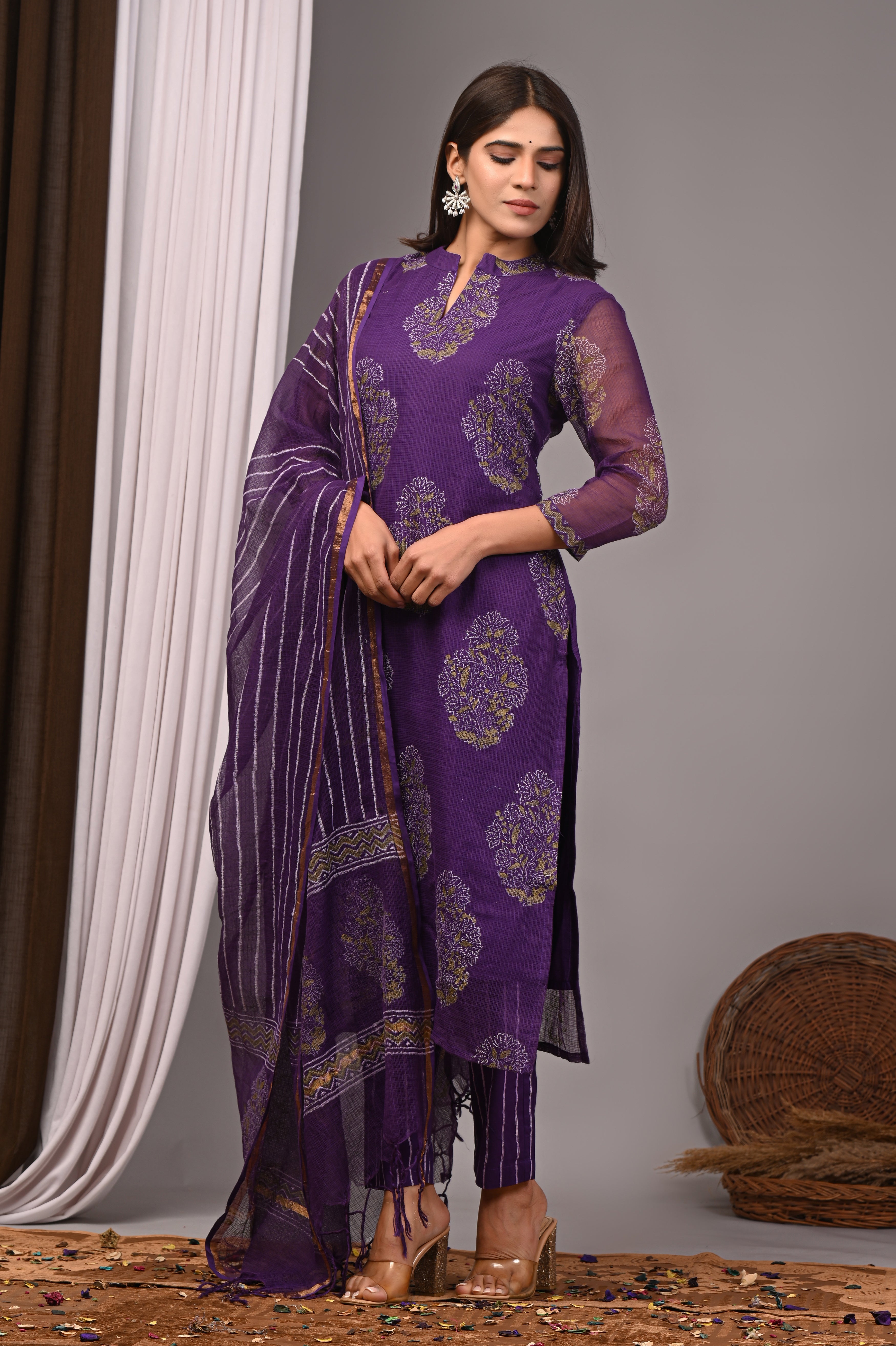 Deep Purple Handblock Printed Kota Doria Set