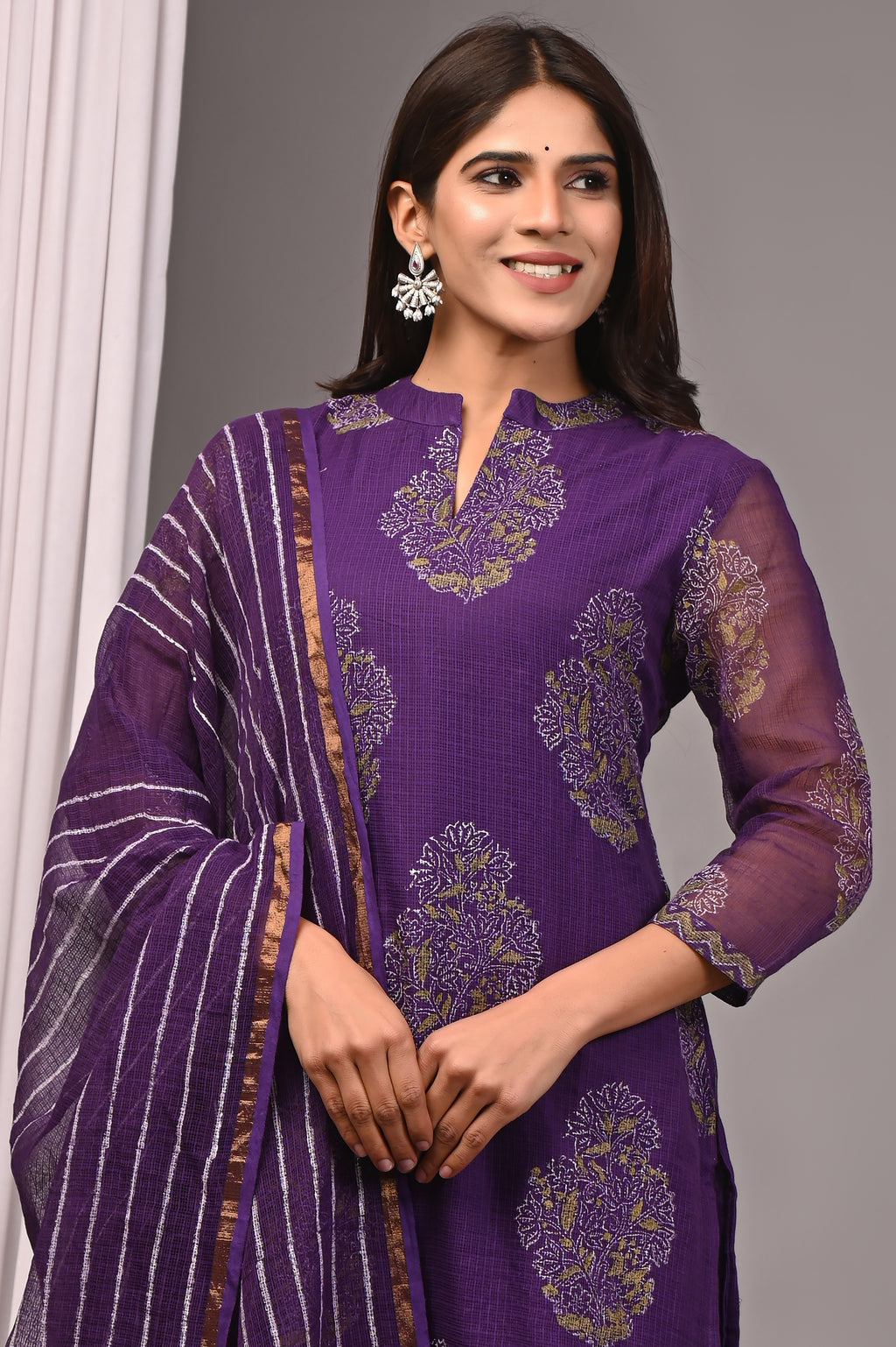 Deep Purple Handblock Printed Kota Doria Set