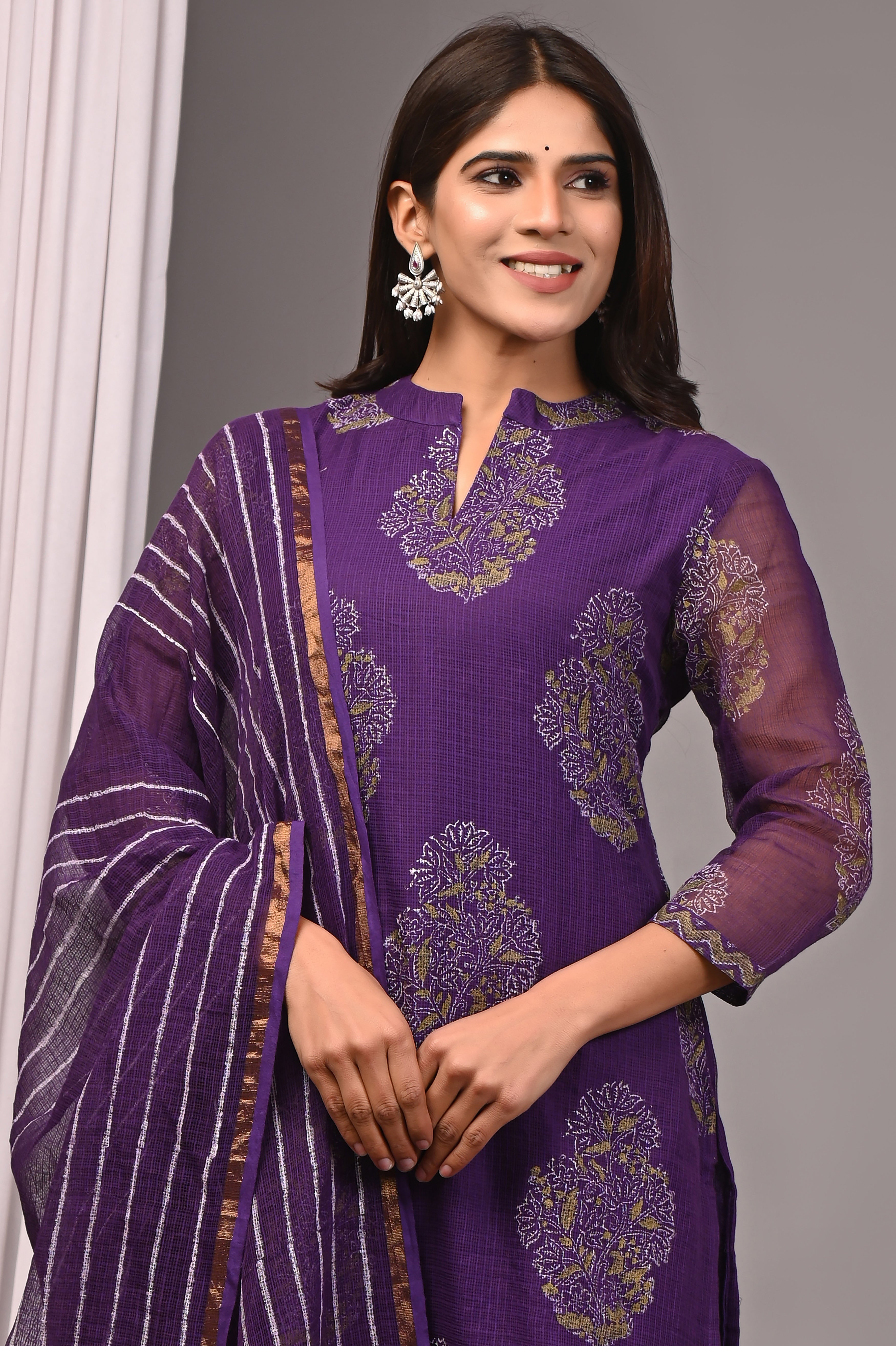 Deep Purple Handblock Printed Kota Doria Set