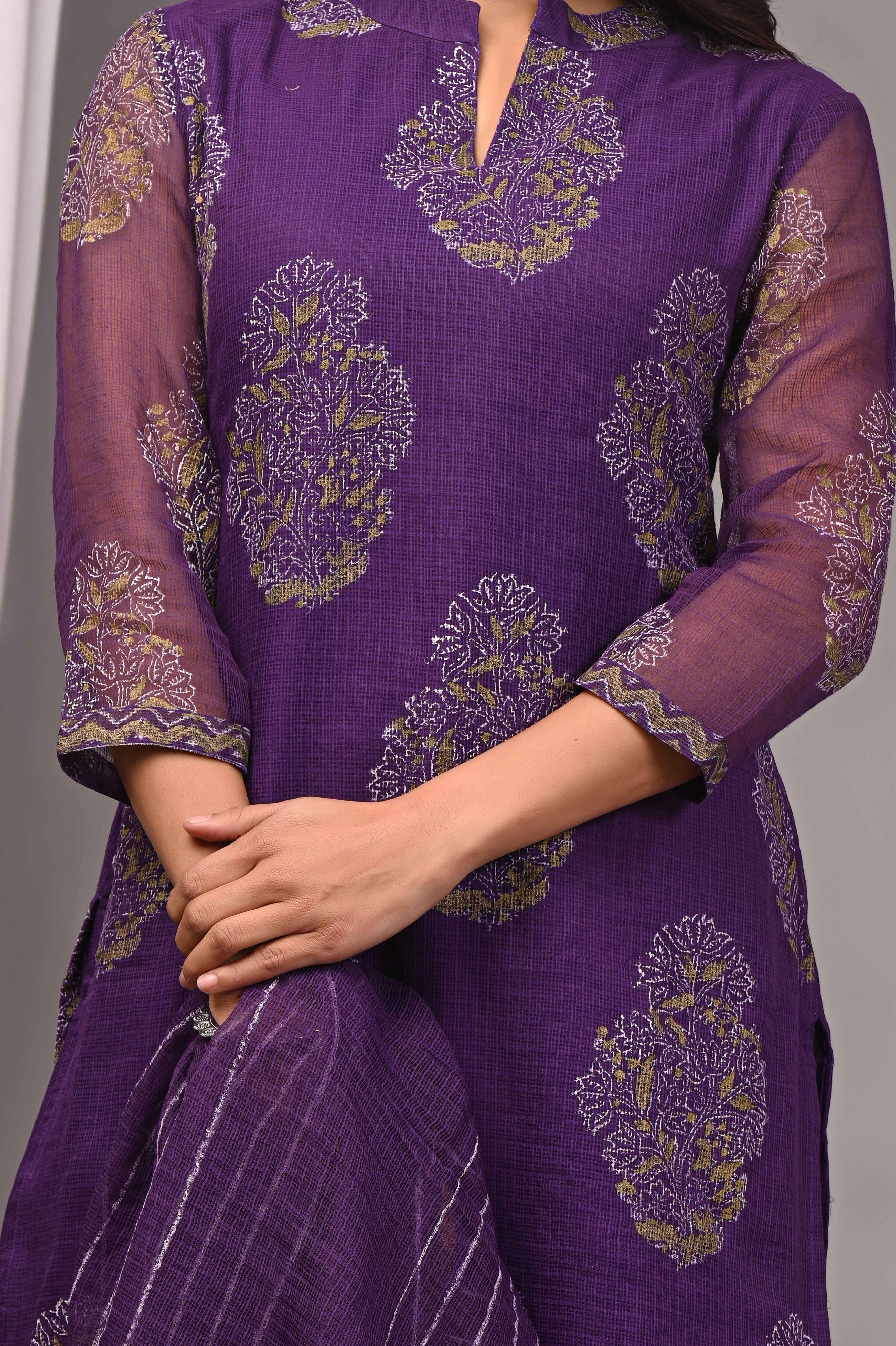 Deep Purple Handblock Printed Kota Doria Set