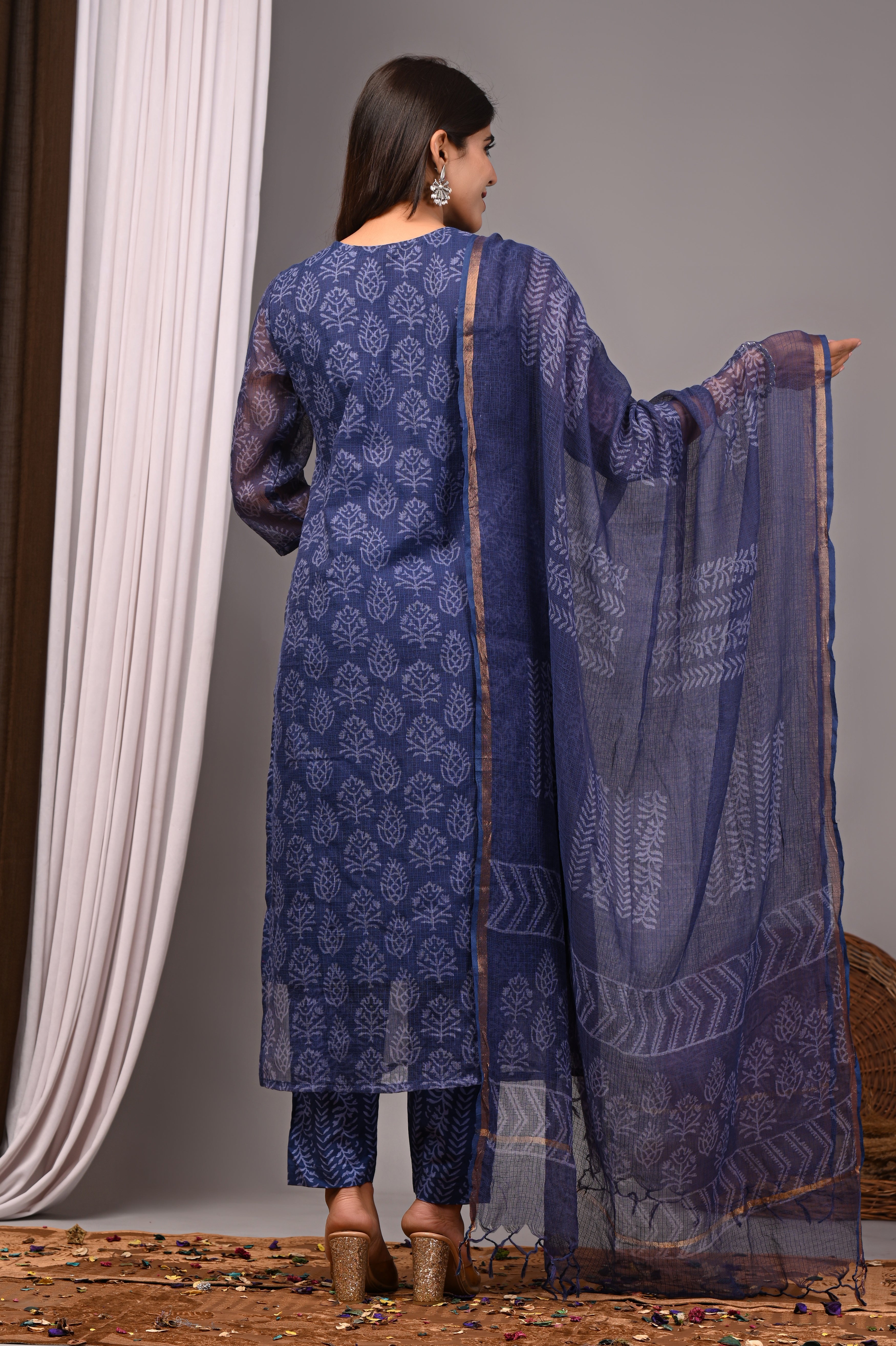 Indigo Blue Handblock Printed Kota Doria Set