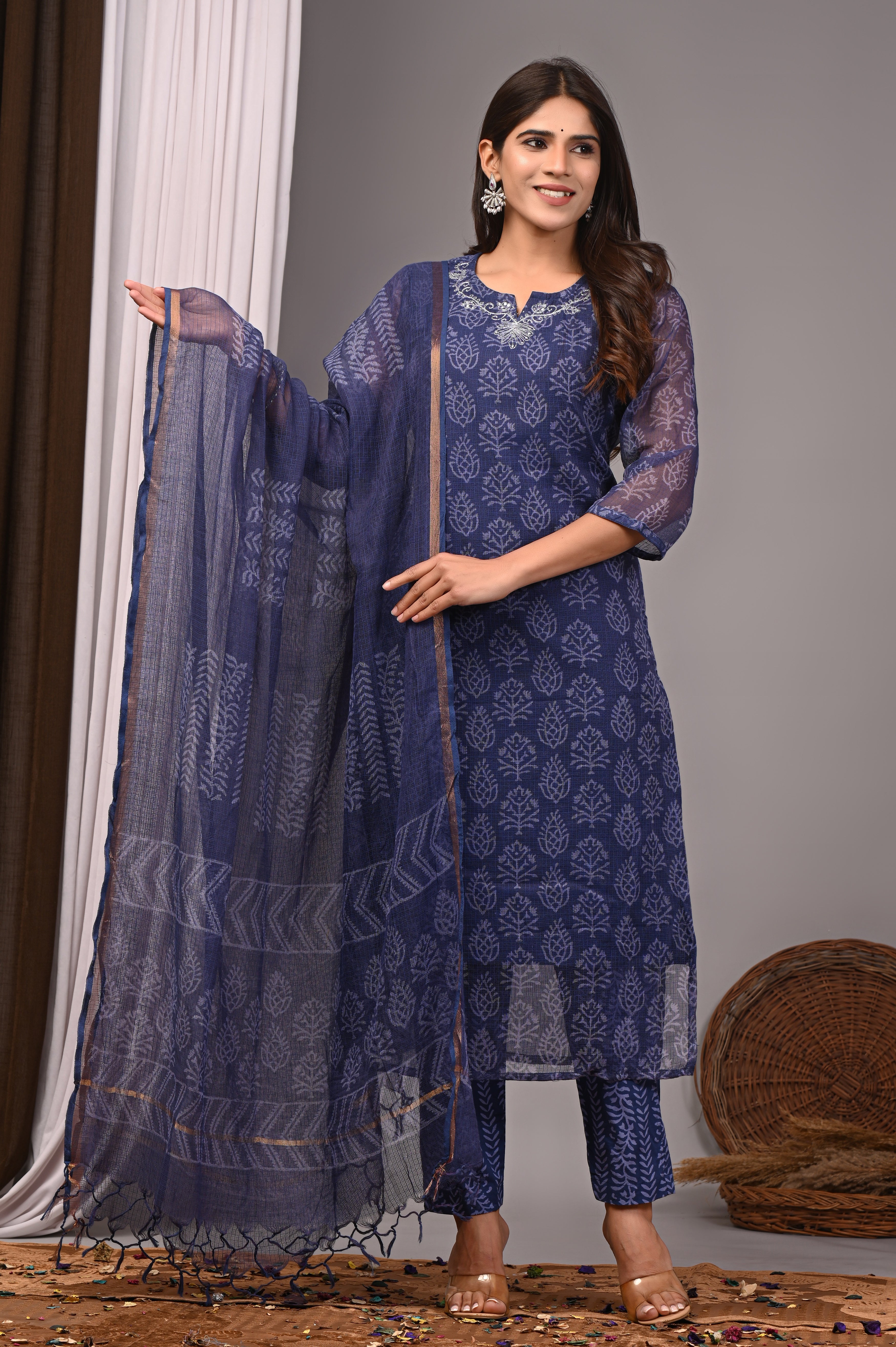 Indigo Blue Handblock Printed Kota Doria Set