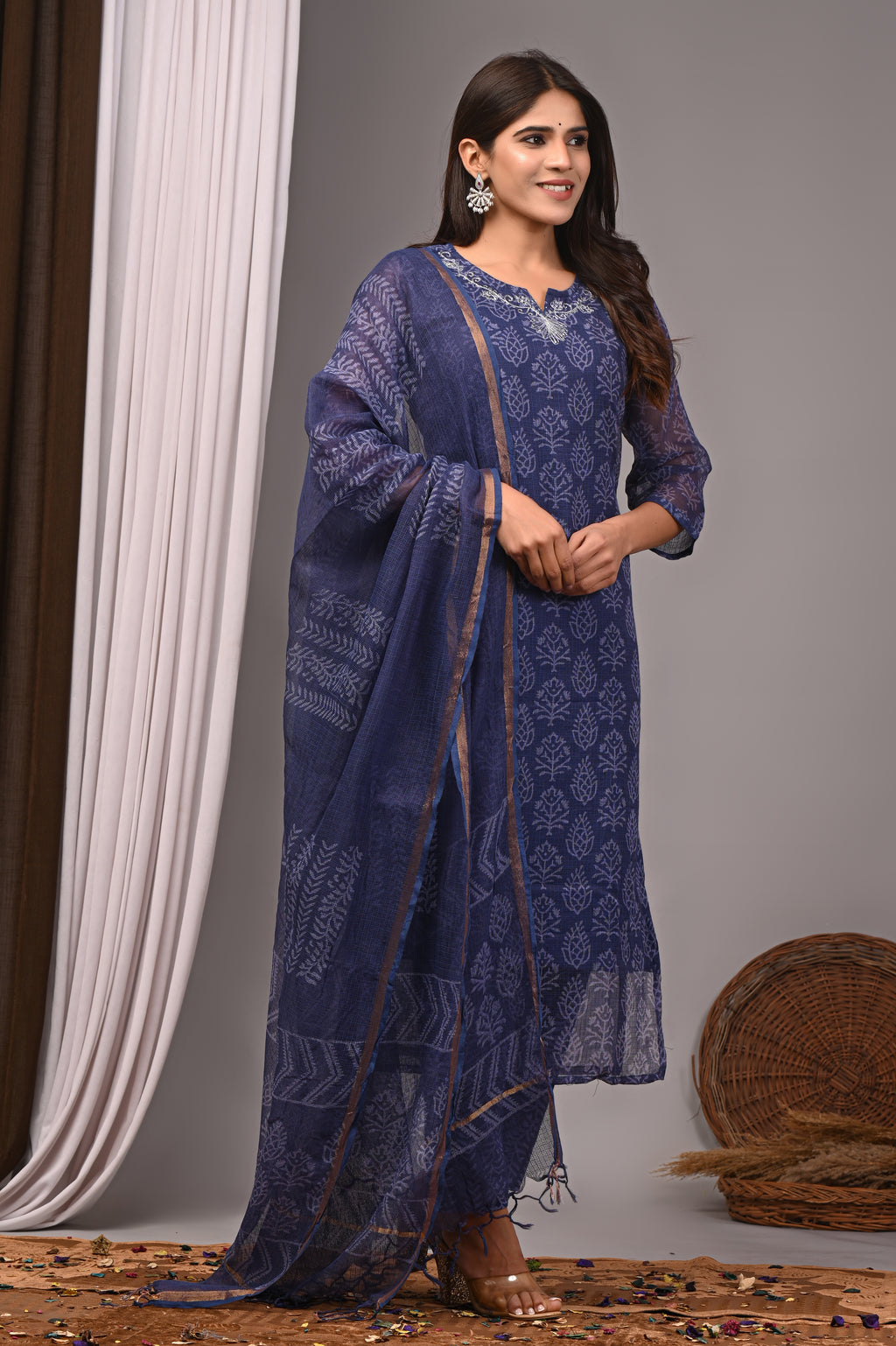 Indigo Blue Handblock Printed Kota Doria Set